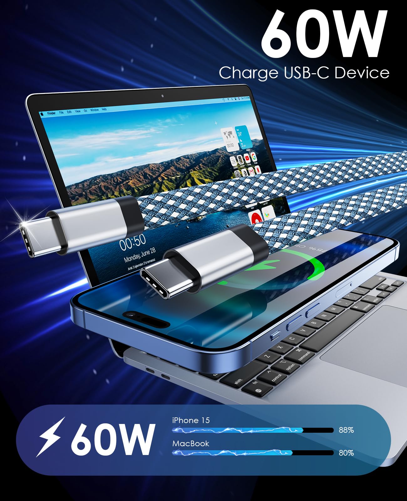 Magtame Cavo USB C, cavo magnetico da USB C a USB C, 60 W (3 A), cavo USB C da 1 m, in nylon intrecciato, cavo di ricarica rapida, compatibile con dispositivo USB C per pad Samsung, blu