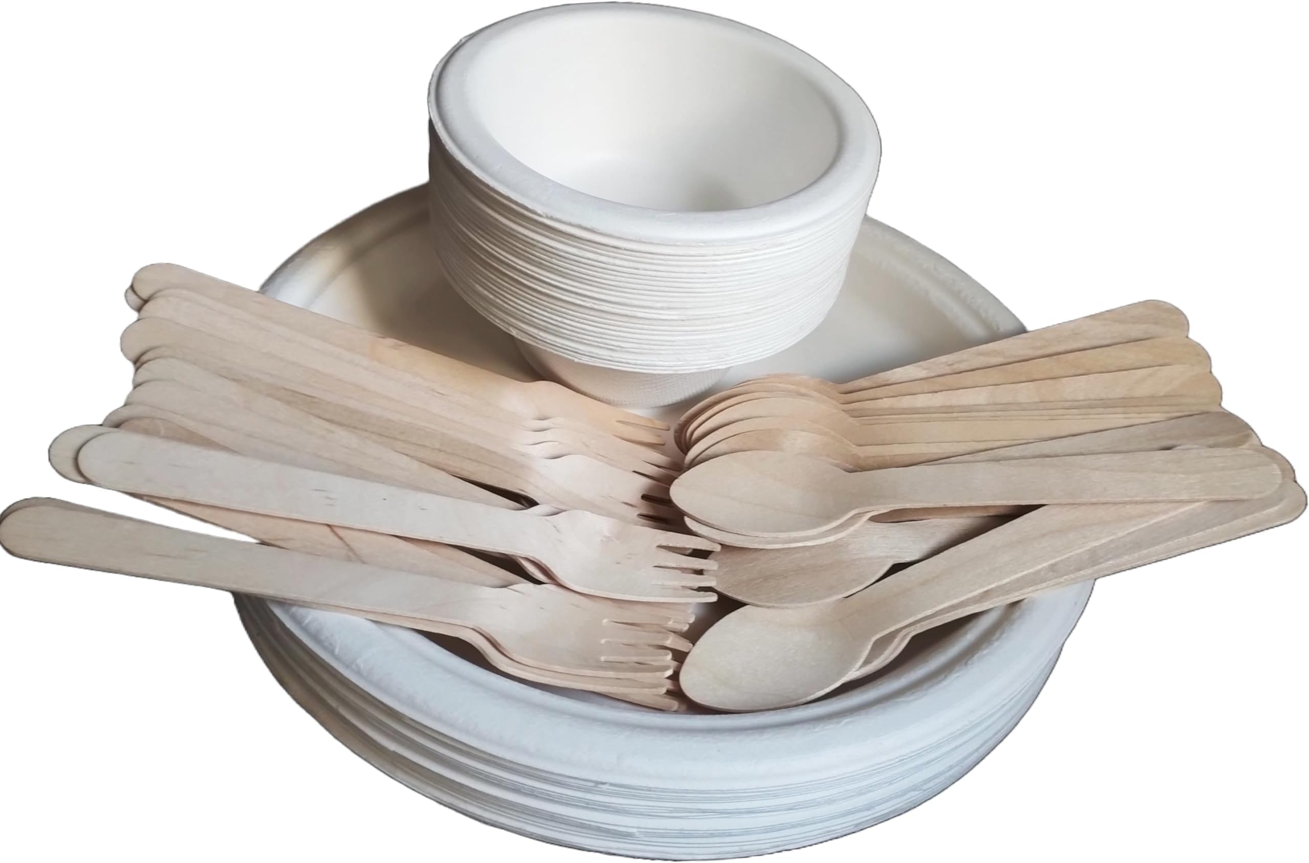 Disposable Plates + Bowls + Spoons + Forks (25 Sets) | Eco-Friendly, Biodegradable, Sugarcane Bagasse Plates and Bowls | for Serving Snacks | Birthday, Wedding & Party | Use and Throw