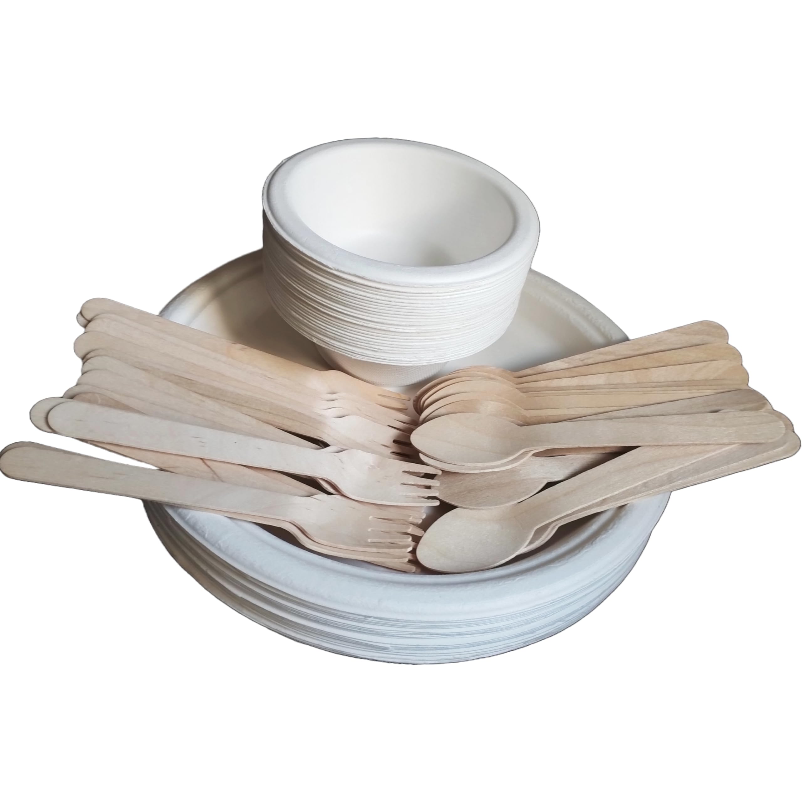 Disposable Plates + Bowls + Spoons + Forks (25 Sets) | Eco-Friendly, Biodegradable, Sugarcane Bagasse Plates and Bowls | for Serving Snacks | Birthday, Wedding & Party | Use and Throw