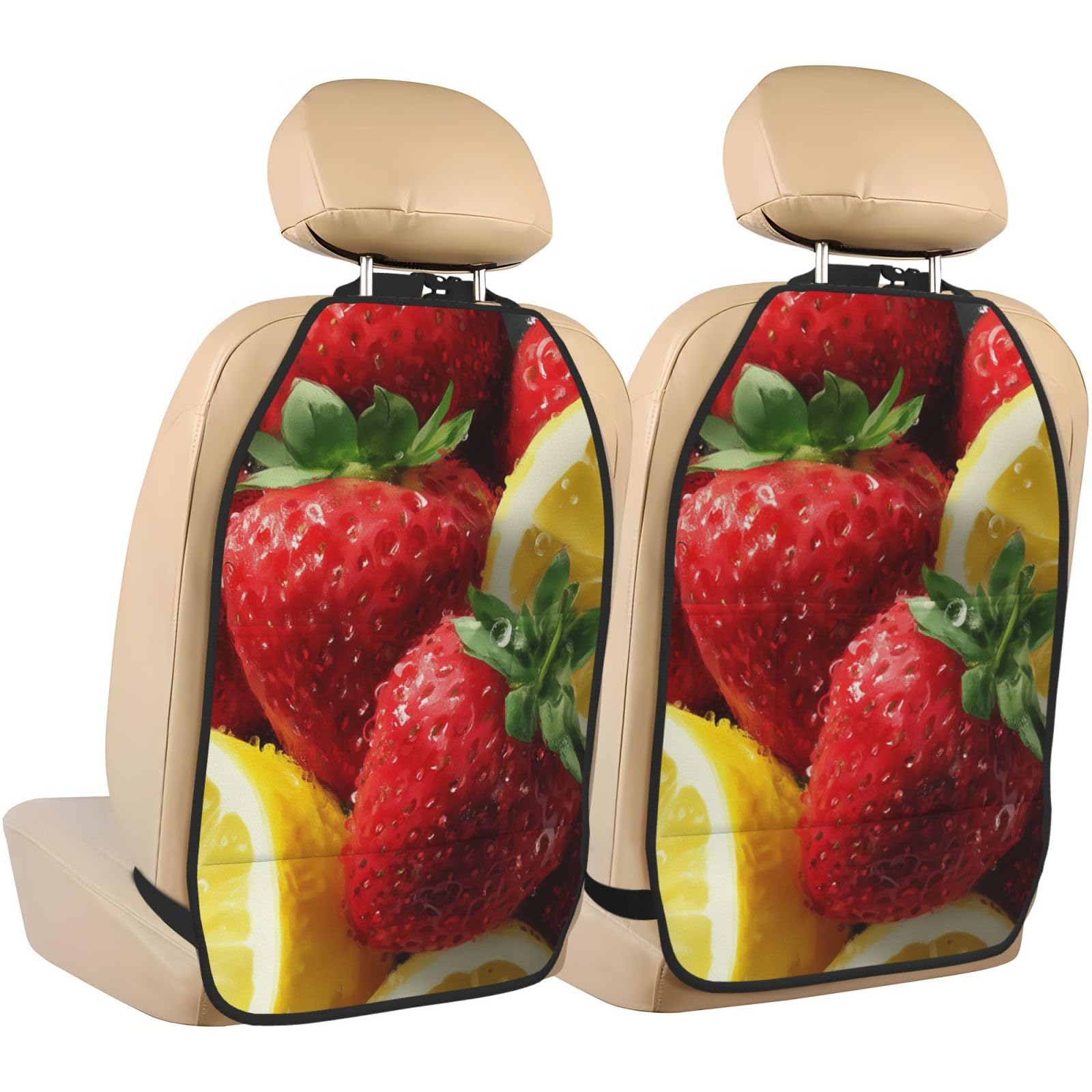 Watercolor Strawberries and Lemon Slices Car Seat Back Kick Protectors,2 Pack Kick Mats with Storage Pockets for Vehicles to Protect from Dirt Mud Scratches