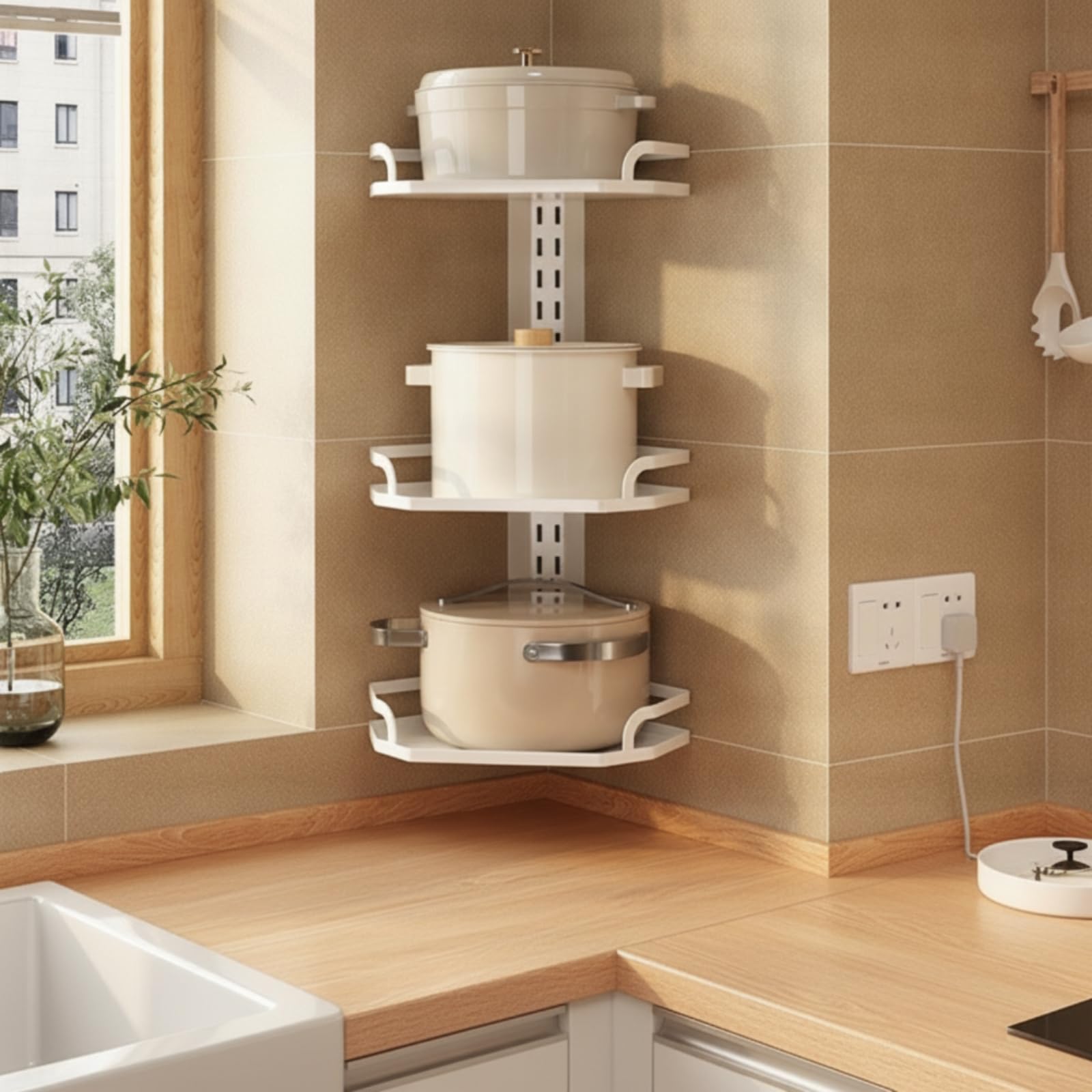 Porte-Pots Mural Trois Étagères Réglables Étagère Cuisine Panneau à Crémaillère Polyvalent pr Locataires, Noir