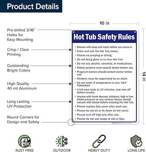 Vista 6 de Letrero de reglas de seguridad para bañera de hidromasaje, 10 x 14 pulgadas, libre de óxido, aluminio 040, resistente a la decoloración, fabricado