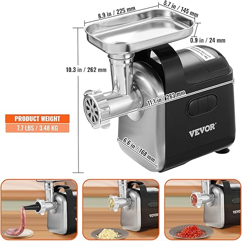 Miniatura 7 de VEVOR Picadora de carne eléctrica, relleno de salchichas de 550 W, máquina picadora de carne resistente aprobada por ETL con 2 cuchillas, 3 placas