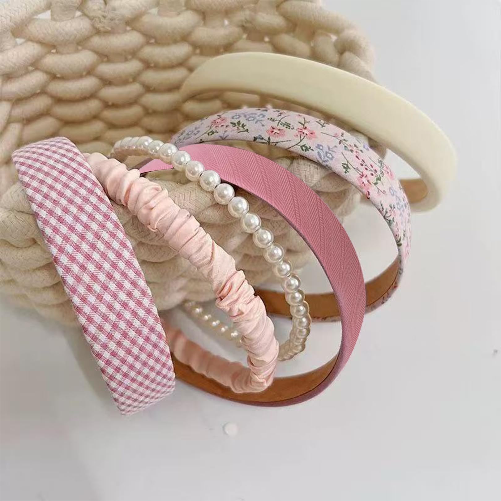 7Pcs Headbands Set,Assorted Fabric Hairbands for Women Girls with Pearl Floral Textured Designs Headband Cute Wide Head Bands Fashion Accessories for Ladies Kids Wedding Party Photoshoot Padded - Image 4
