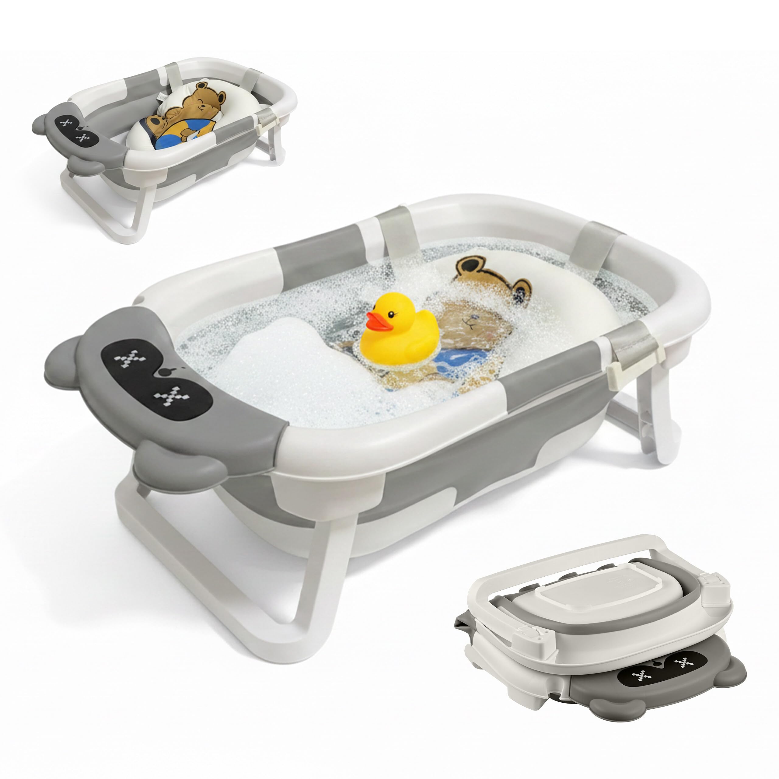 Relaxdays vaschetta da bagno pieghevole con cuscino morbido, crema e grigio