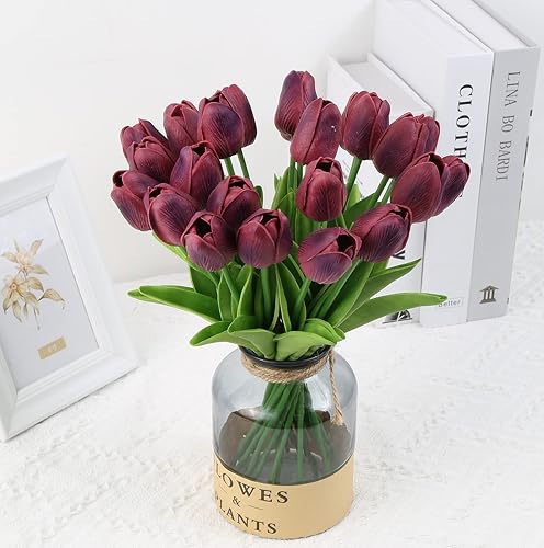 Miniatura 2 de IPOPU Tulipanes artificiales de 12 piezas de flores rosas de aspecto real artificiales para decoración, tulipanes de látex de tacto real para mesa,