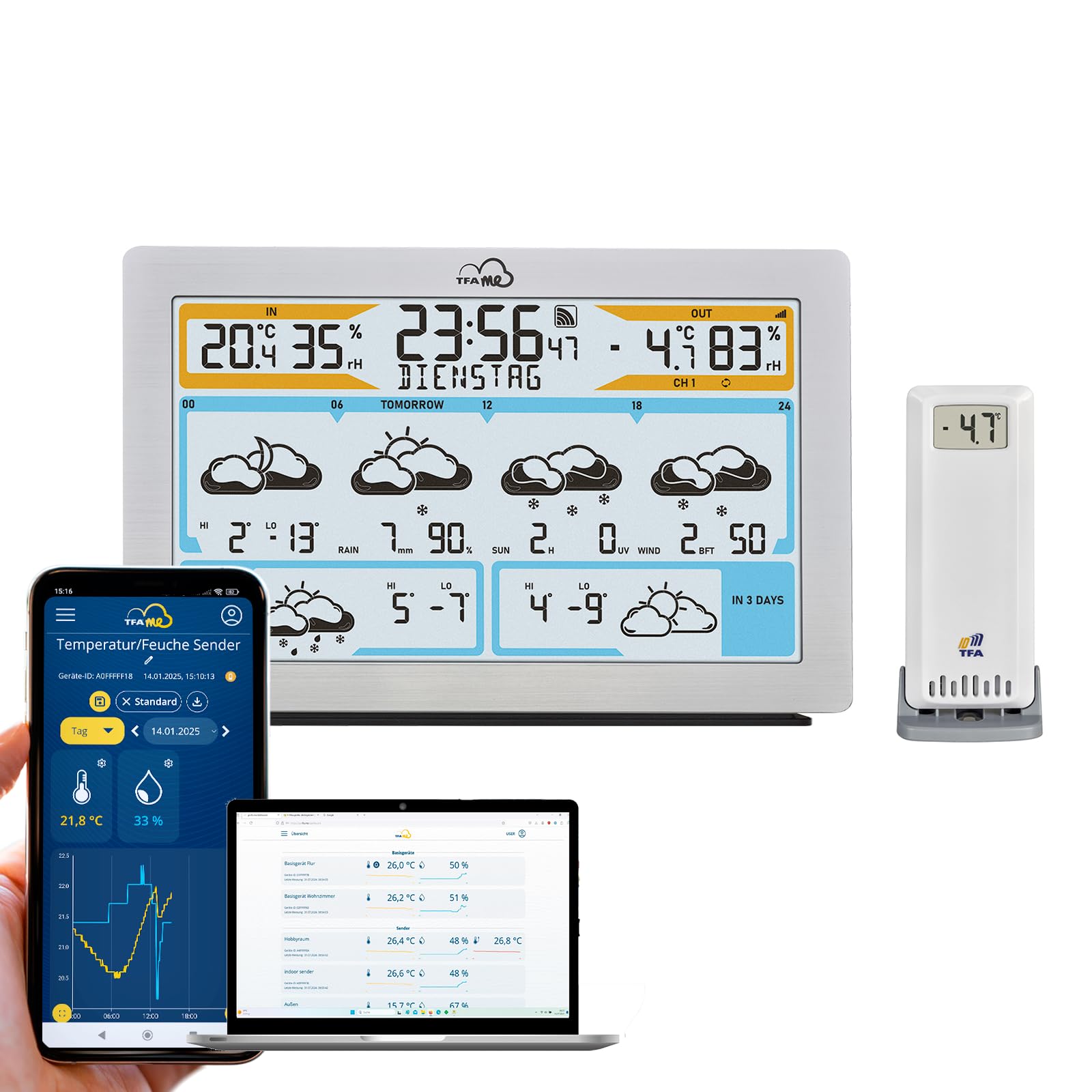 TFA Dostmann Stazione meteo con sensore esterno e Wi-Fi con app, TFA.me, 35.8100, Previsioni meteo professionali di wetter.com da 3-6 giorni, Portale online, Indice UV, Design Moderno e Smart, Argento
