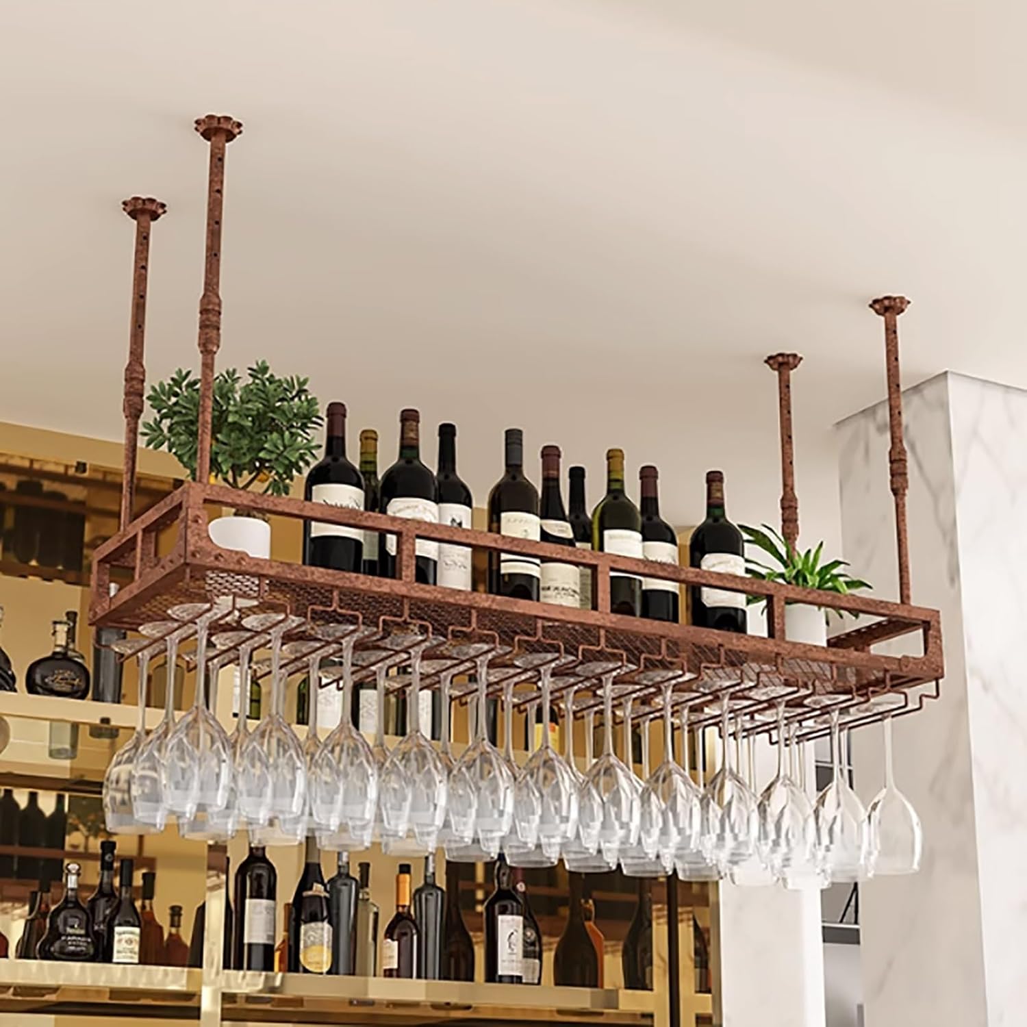 Adjustable Hanging Wine Rack - Ceiling-Mounted Bottle Holder, Upside Down Wine Storage, Goblet & Stemware, Floating Shelves for Bar Decor & Storage Solutions