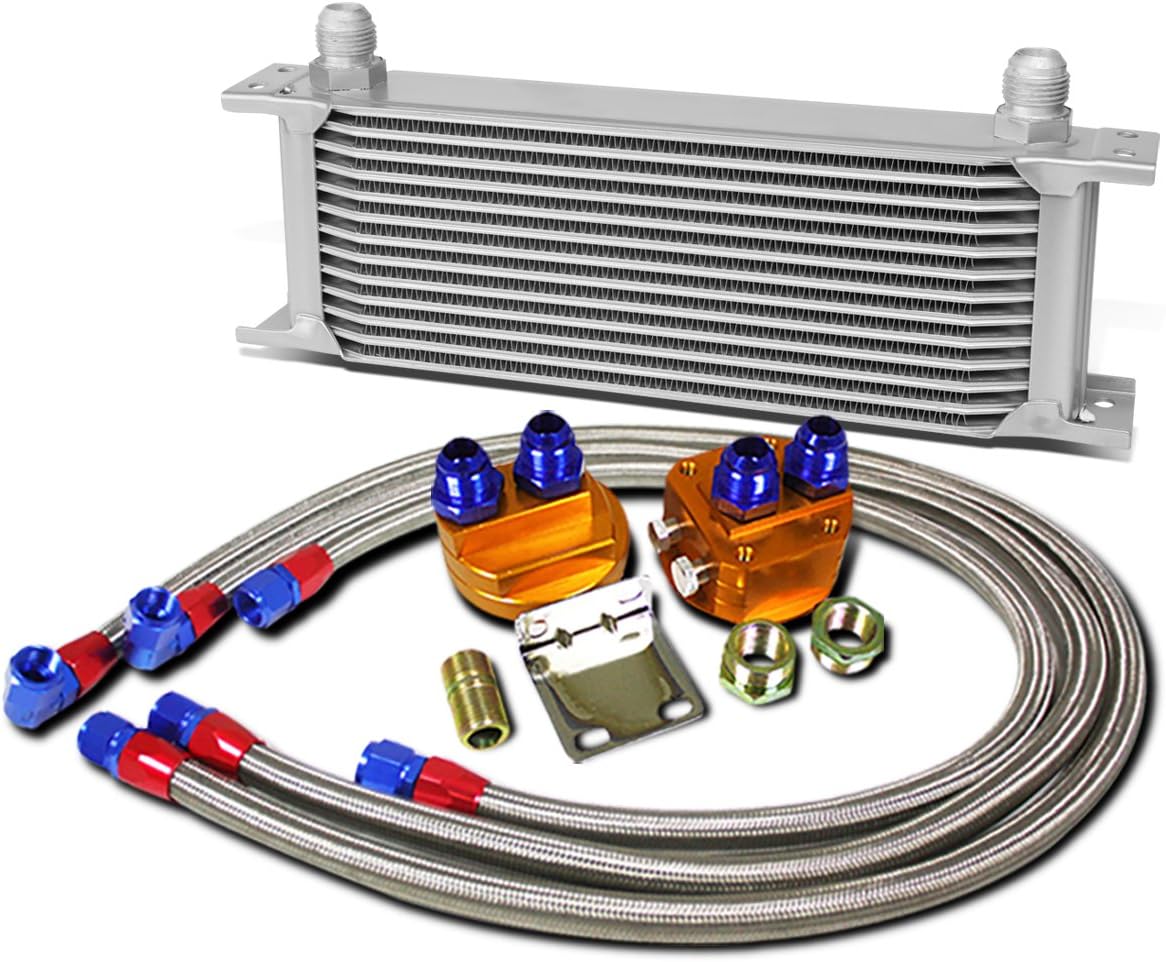 Auto Dynasty Universal Silver Aluminum 13-Row Engine Oil Cooler + Oil Filter Relocation Kit