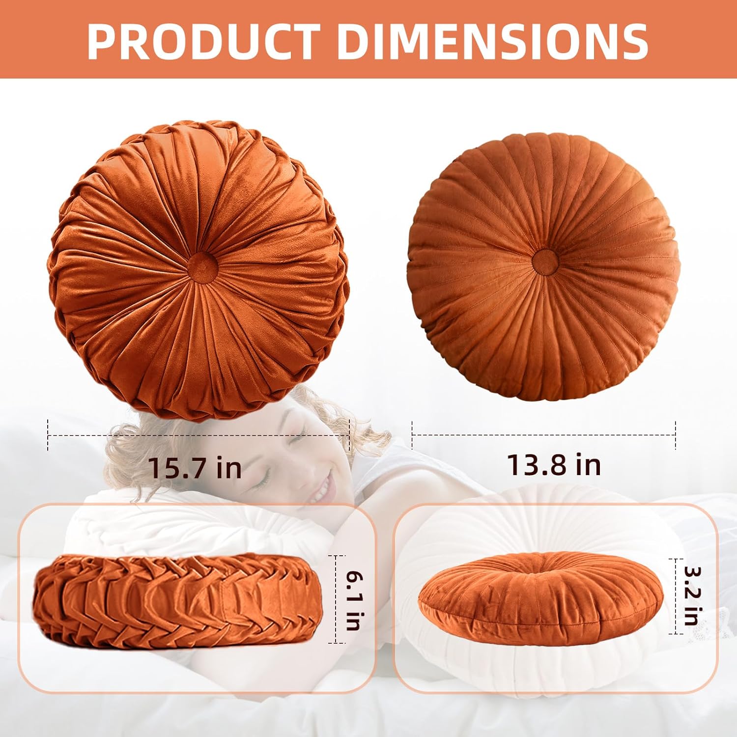 2 Pcs Round Throw Pillows Pleated Velvet Pumpkin Round Pillows Floor Cushion for Living Room Couch Chair Bed Sofa 15.7"x15.7"/13.8" x 13.8" (Emerald) - Image 6