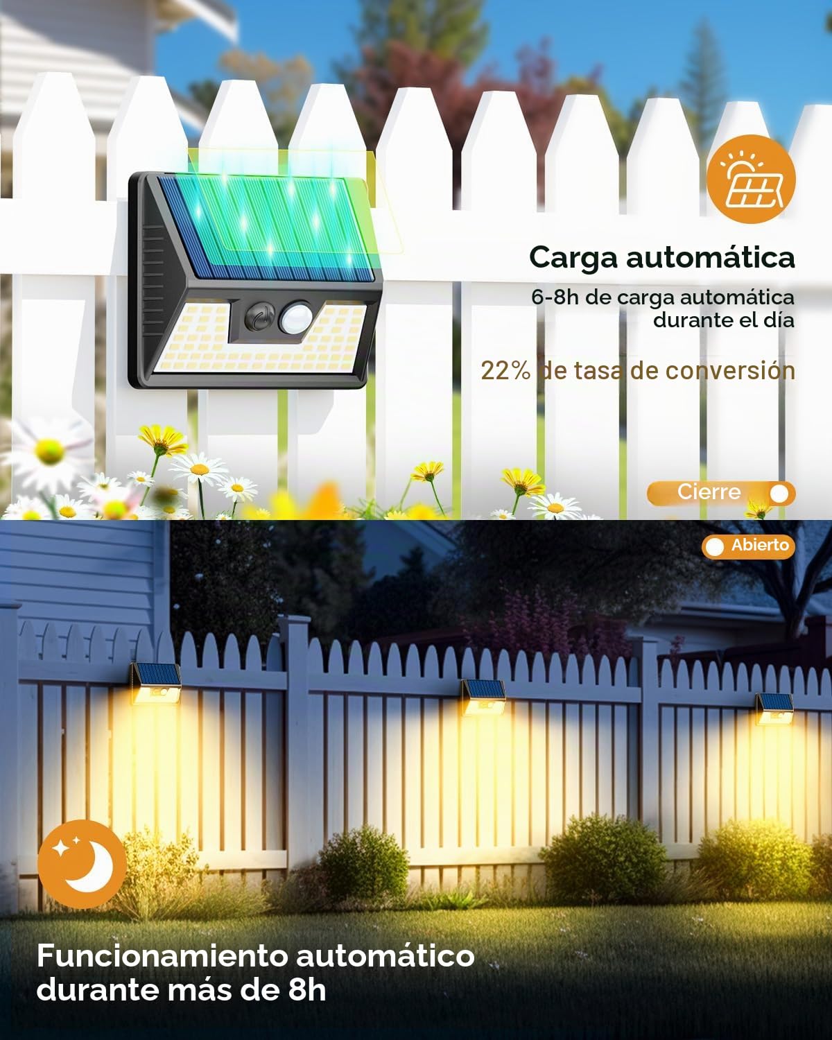 vighep 6 Paquete Foco Solares Exterior con Sensor de Movimiento, 3 Modes Focos Led Exteriores solares, IP65 Impermeable 270° Aplique Solar Potente para Jardín, Garaje, Patio, Caminos(Blanco Cálido)