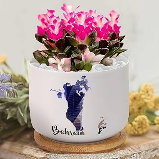 Bahrain Scenery Planters Ceramic Bahrain Map Round Flower Pots with Drainage Holes and Bamboo Tray Plant Pot for Outdoor Indoor Plants House Warming Gifts
