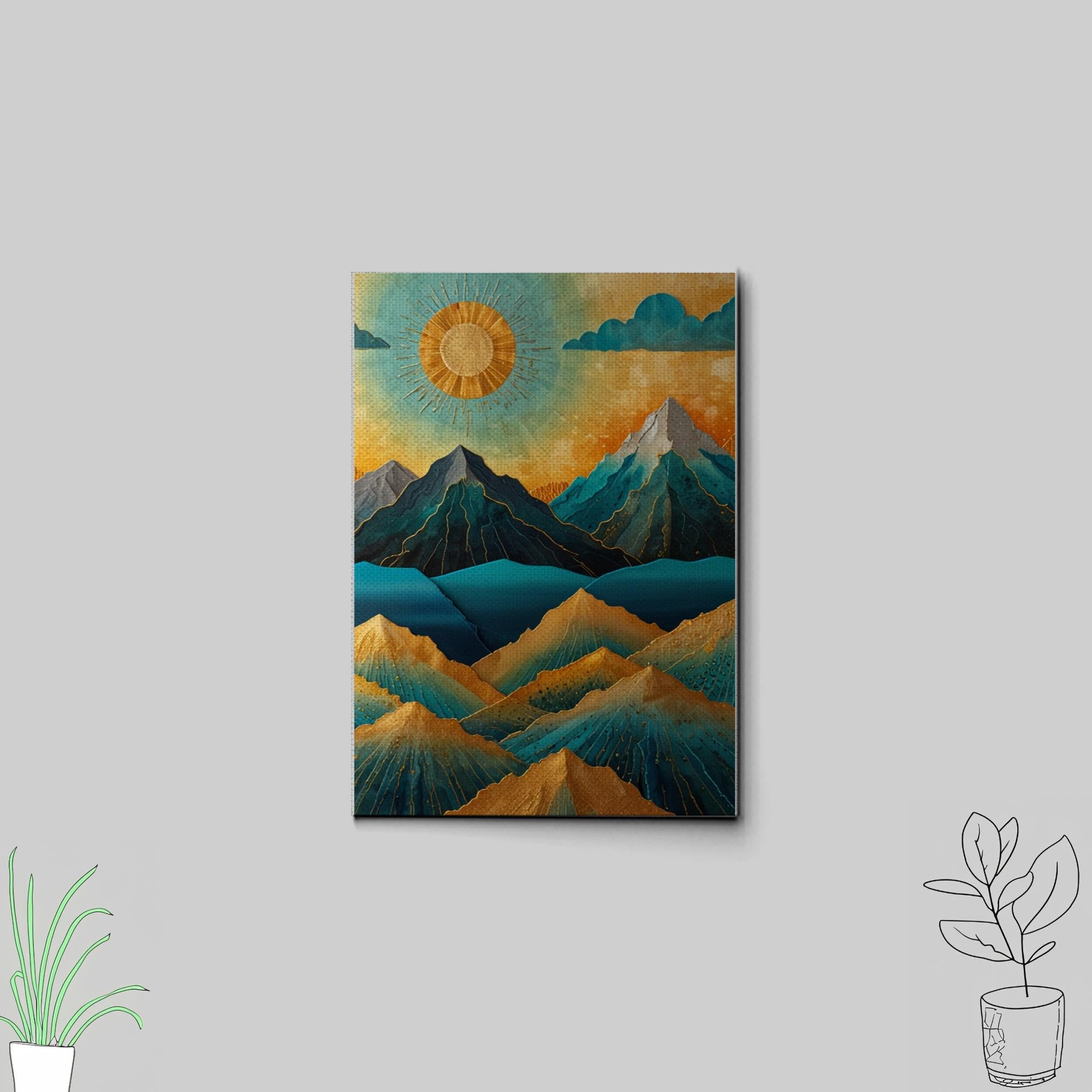 Amazon.com: Framed Canvas Print Wall Art, Gold Teal Sun, Mountain