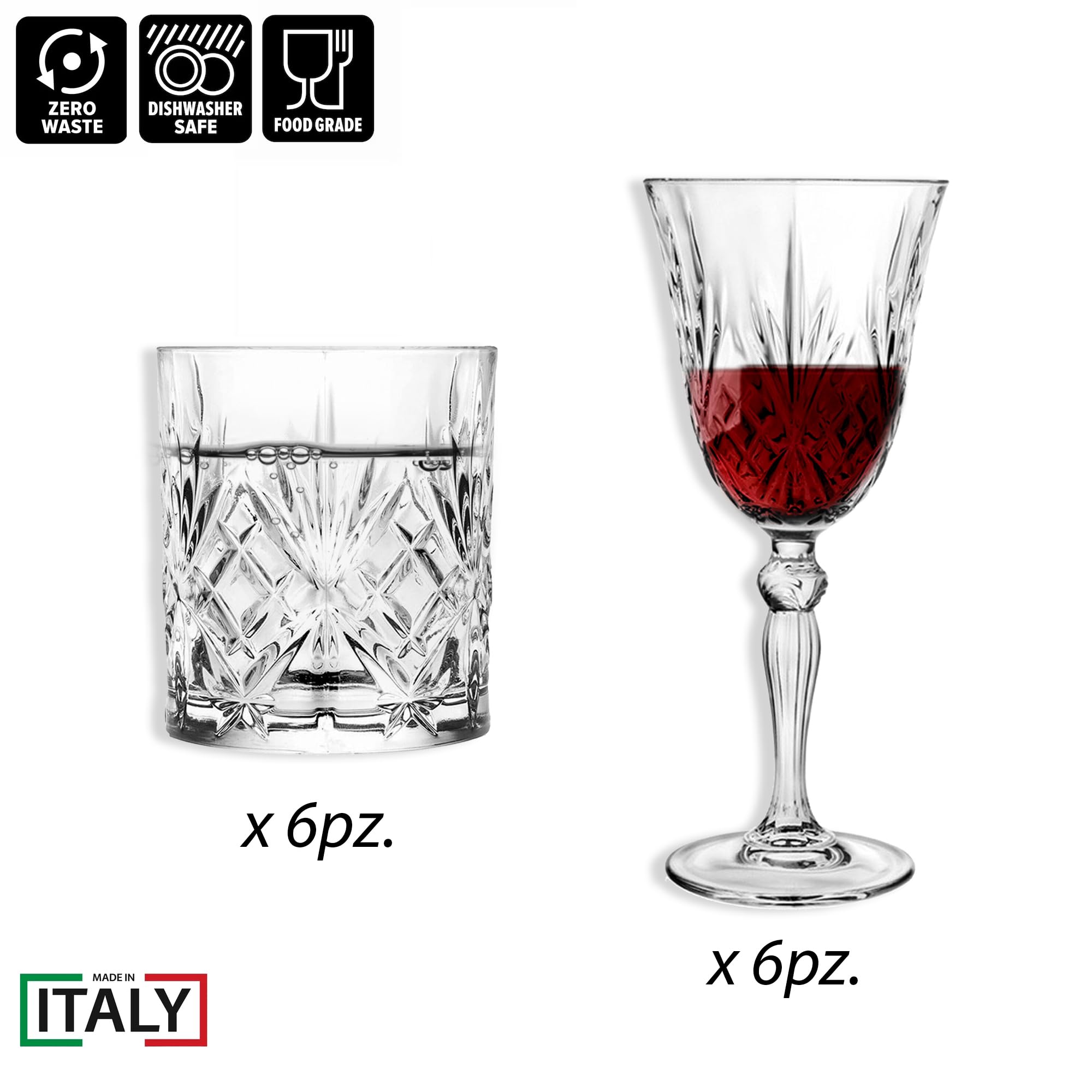 Sicignano - Juego de 6 copas de 27 cl, con 6 vasos de 34 cl, melodía para vino, agua, whisky, licores, cócteles, cristal ecológico, transparentes, resistentes, uso diario, para casa, restaurante,