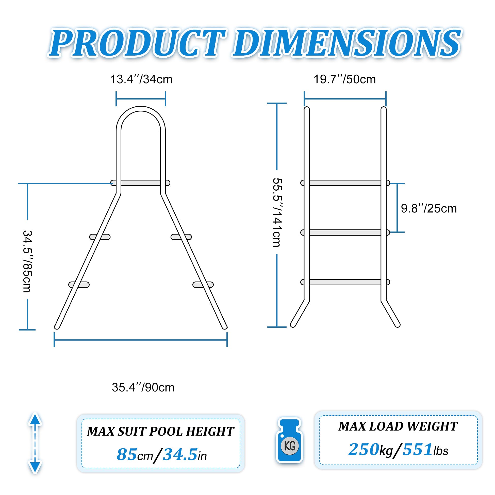 Escalera de Piscina de Alta Resistencia de 4 Peldaños para Piscinas 135 cm, con Doble Barandilla y Peldaños Anchos Antideslizantes, Escalera de Acero para Piscinas Elevadas,85cm