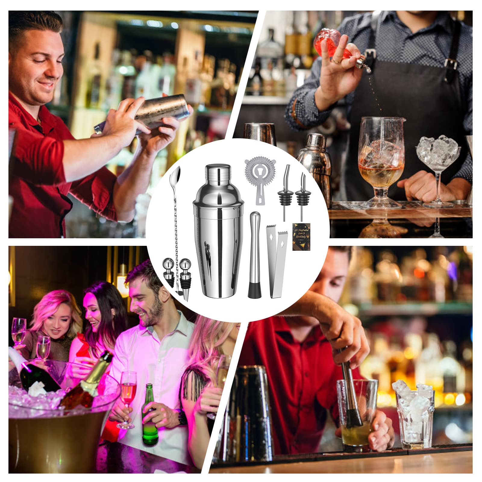 Sosayet Coctelera Profesional 750 mL, 10 Piezas Cocktail Kit con Jigger 15/30 ml, Mortero de Cóctel, Bartender kit Regalos para Hombres Amantes del Cocktail