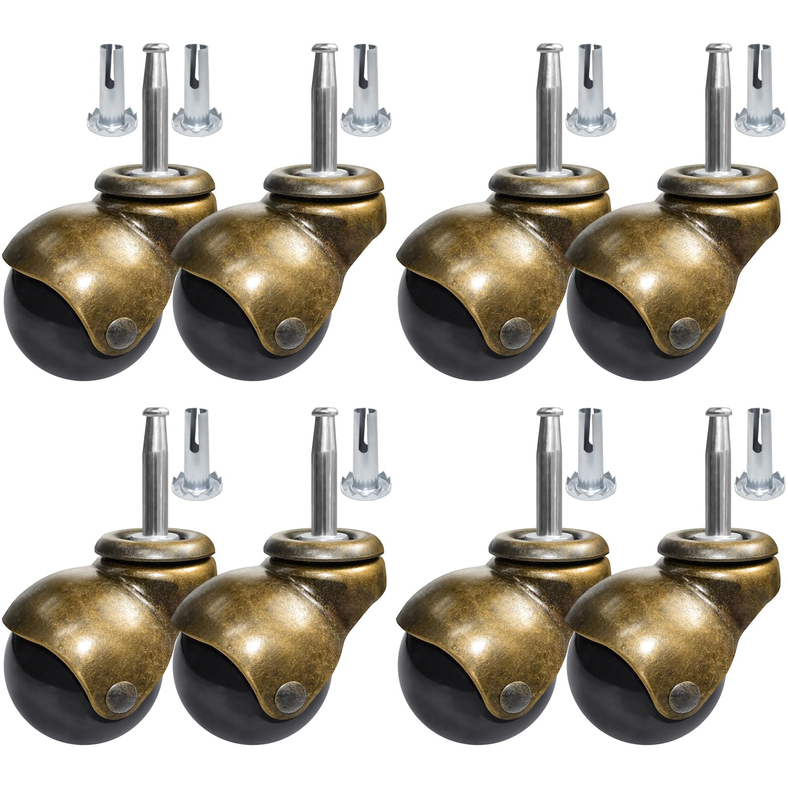 MySit 2 Inch Brass Casters Ball Caster 5/16" x 1-1/2" Stem Casters with Sleeve Set of 8 Furniture Caster Wheels for Furniture, Cabinets, Chairs, Sofa