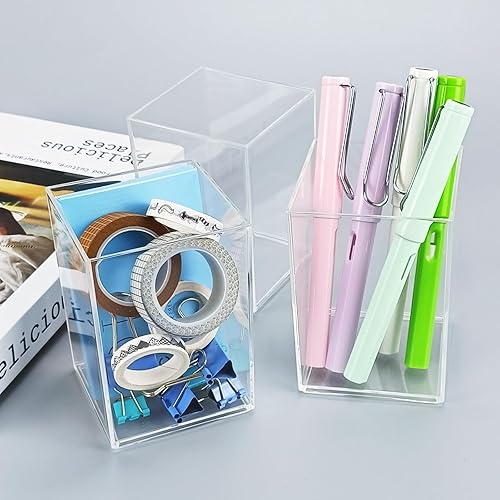 Miniatura 4 de QPEY Paquete de 2 soportes de acrílico transparente para bolígrafos, soporte para brochas de maquillaje acrílico, accesorios de escritorio de