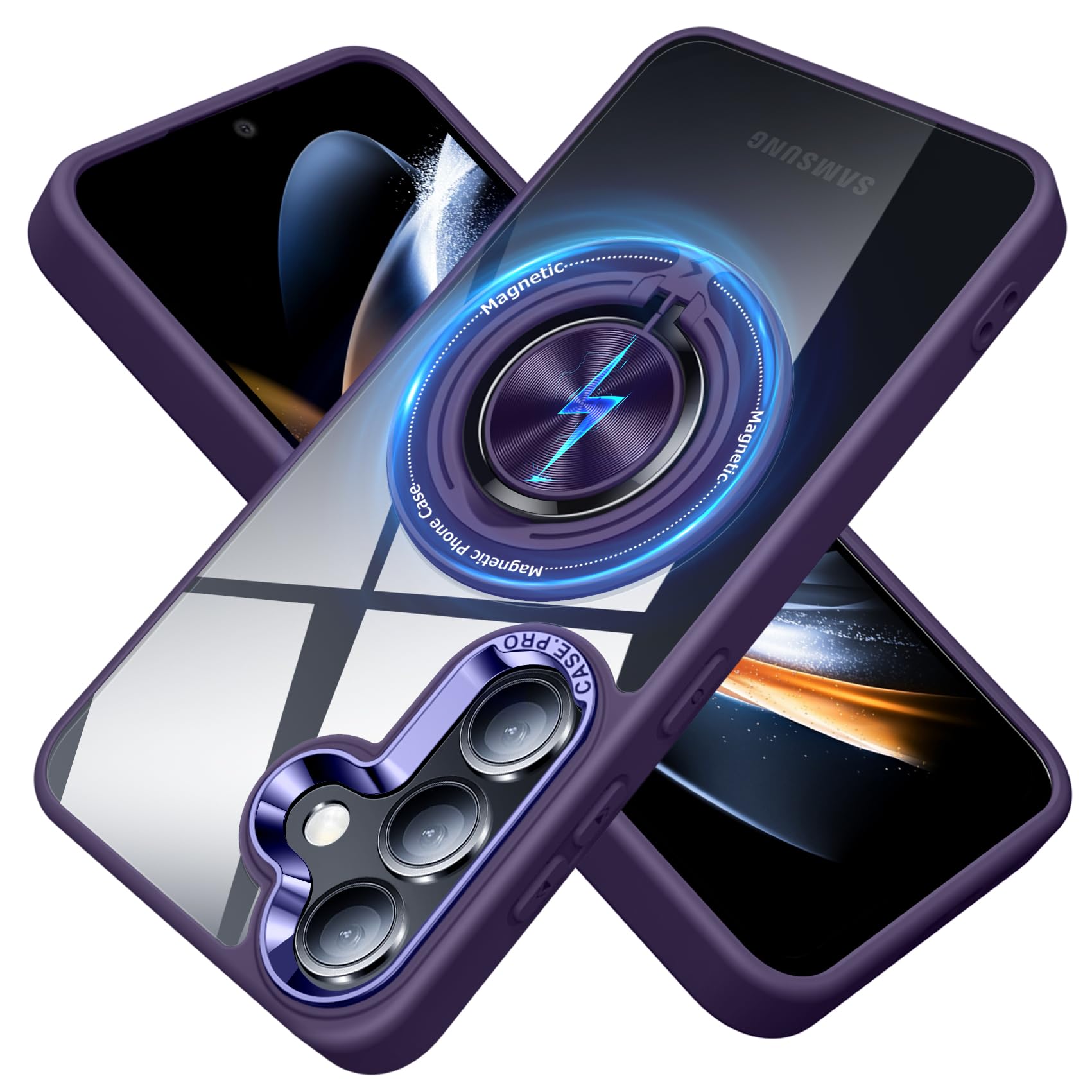 JUNAUTTB for Samsung Galaxy S23 FE 5G Case Compatible with Magnetic,with Ring Holder,Transparent Hard PC Scratchproof Case,Bracket Phone Case 6.4inch,