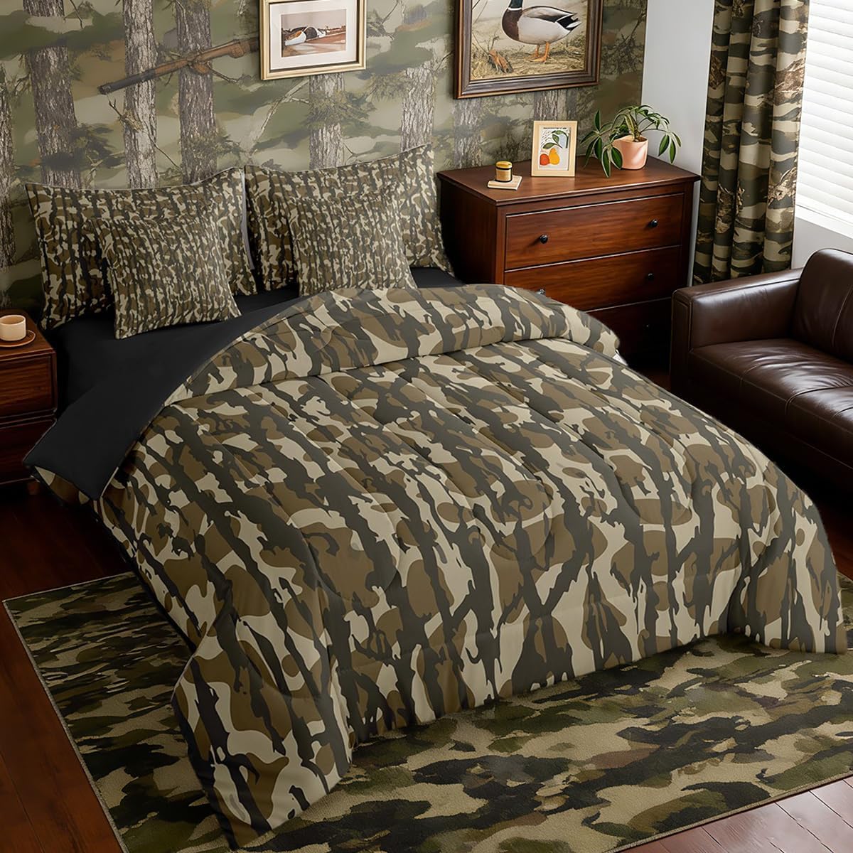 Feelyou Camouflage 7 Piece Bedding Set, Full Size Kids Camo Bed in a Bag, Military Style Bed Set Includes Comforter, Sheet Set, Pillowcases & Pillow Covers Breathable Soft Army Green Room Decor