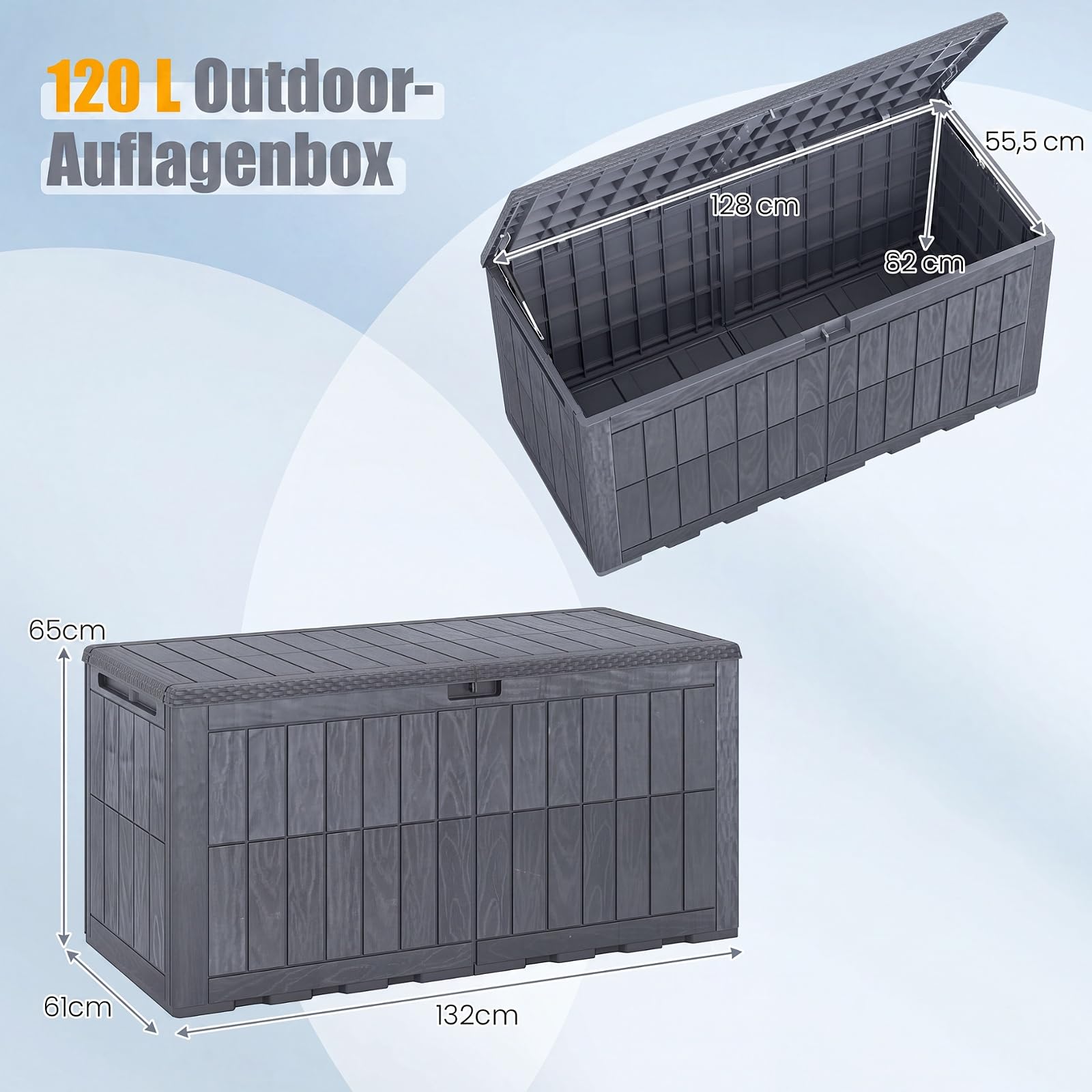 COSTWAY Gartenbox Outdoor mit abschließbarem Deckel (Grau,455 L) | Aufbewahrungsbox mit Gasdruckfedern & Griffen, wetterfeste Auflagenbox Kissenbox für Garten, Terrasse & Balkon