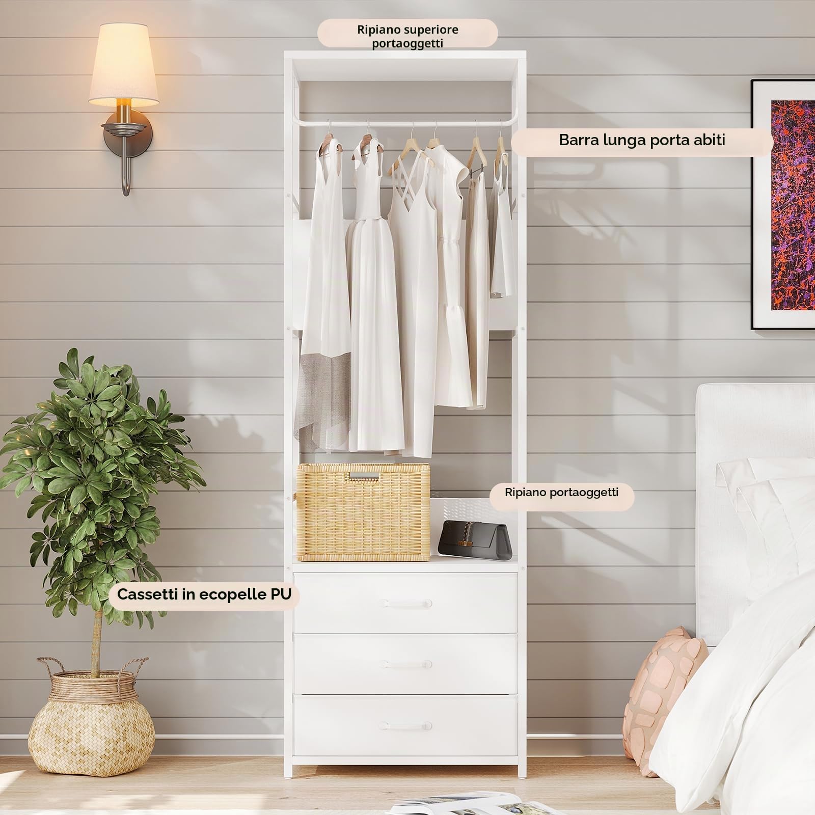 VOWNER Appendiabiti da Terra con Panca e 3 Cassetti, Mobile Ingresso Multifunzionale 60cm, Stand Appendiabiti con Barra e Scarpiera, Attaccapanni Salvaspazio Moderno per Corridoio e Camera, Bianco