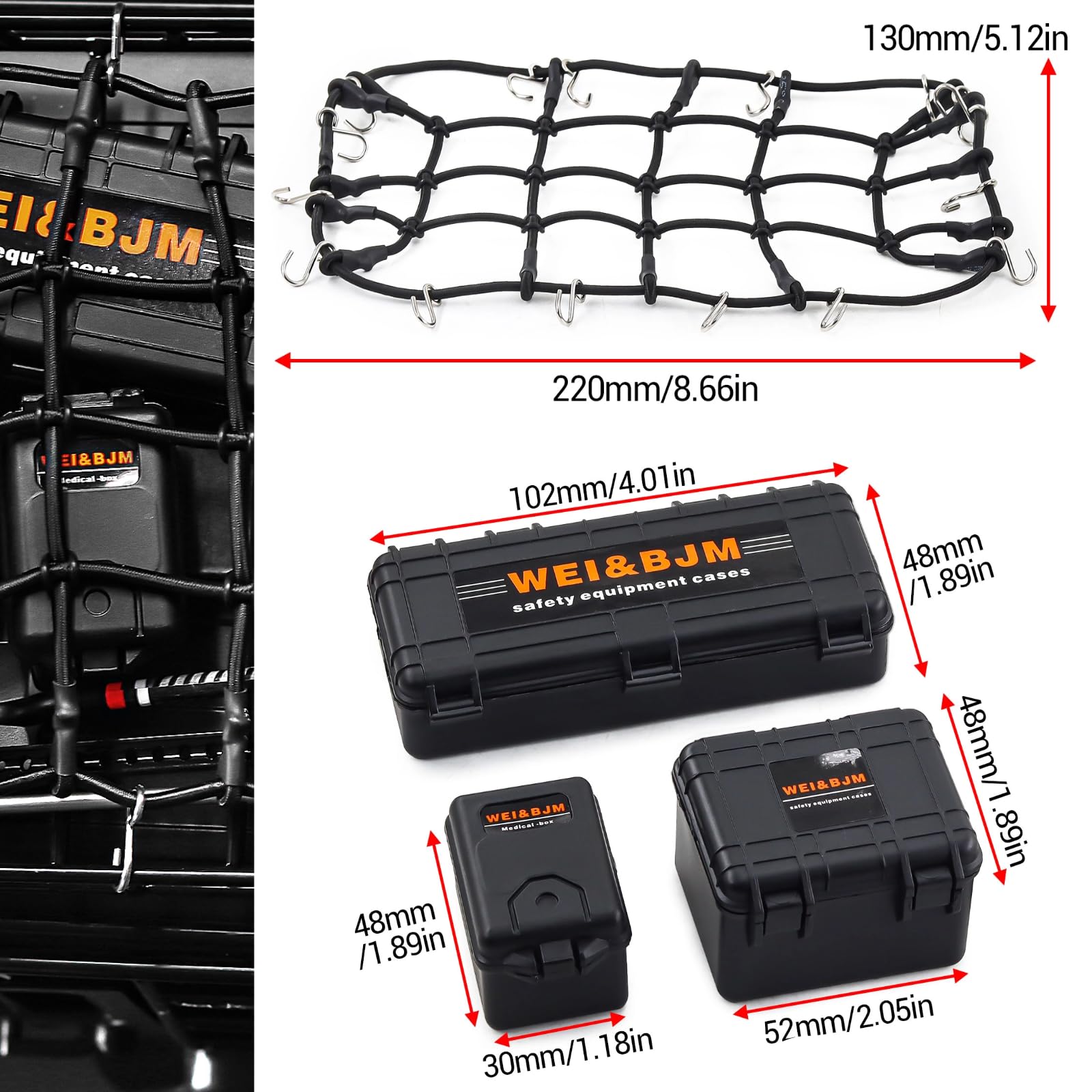 Accessoires pour RC Crawler 1/10, Décoration de Toit de Voiture RC avec Filet de Bagages & Kit Scale Deko Adapté aux Modèles 1:10 comme Traxxas TRX-4,Axial SCX10 III (Noir 1/10)