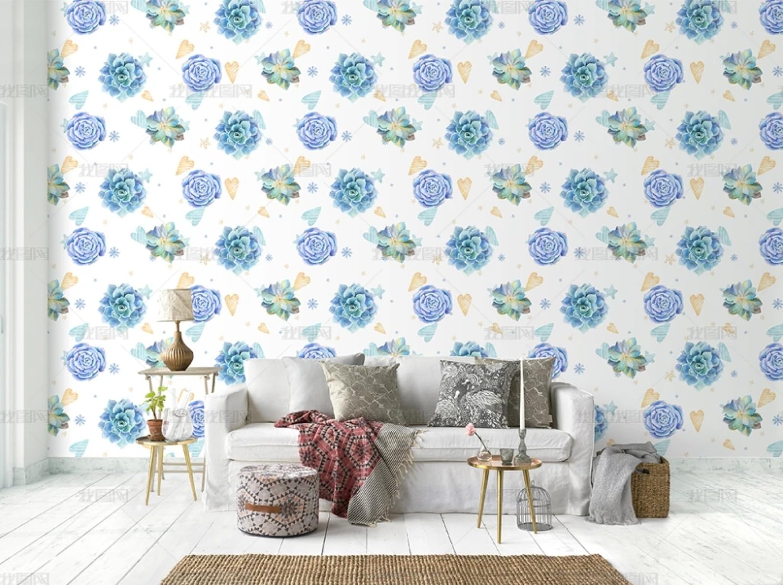 Papier peint autocollant pour salon et chambre motif floral bleu