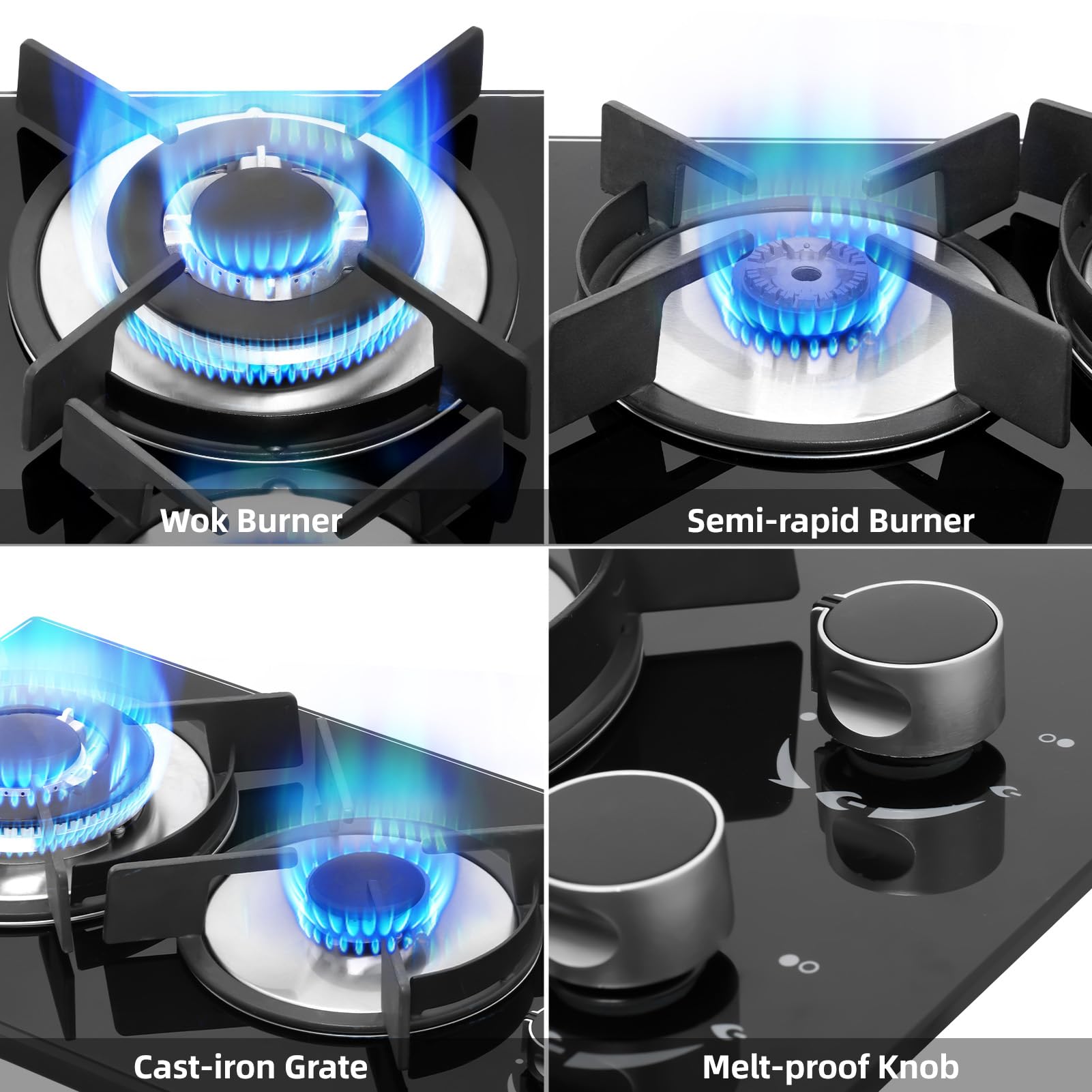 5050W Gas Hob 2 Burners, NG/LPG Convertible Induction Hob, 51cm Built-in Tempered Glass Panel, Electronic Lgnition + Flame Failure Protection (Black) — view 5