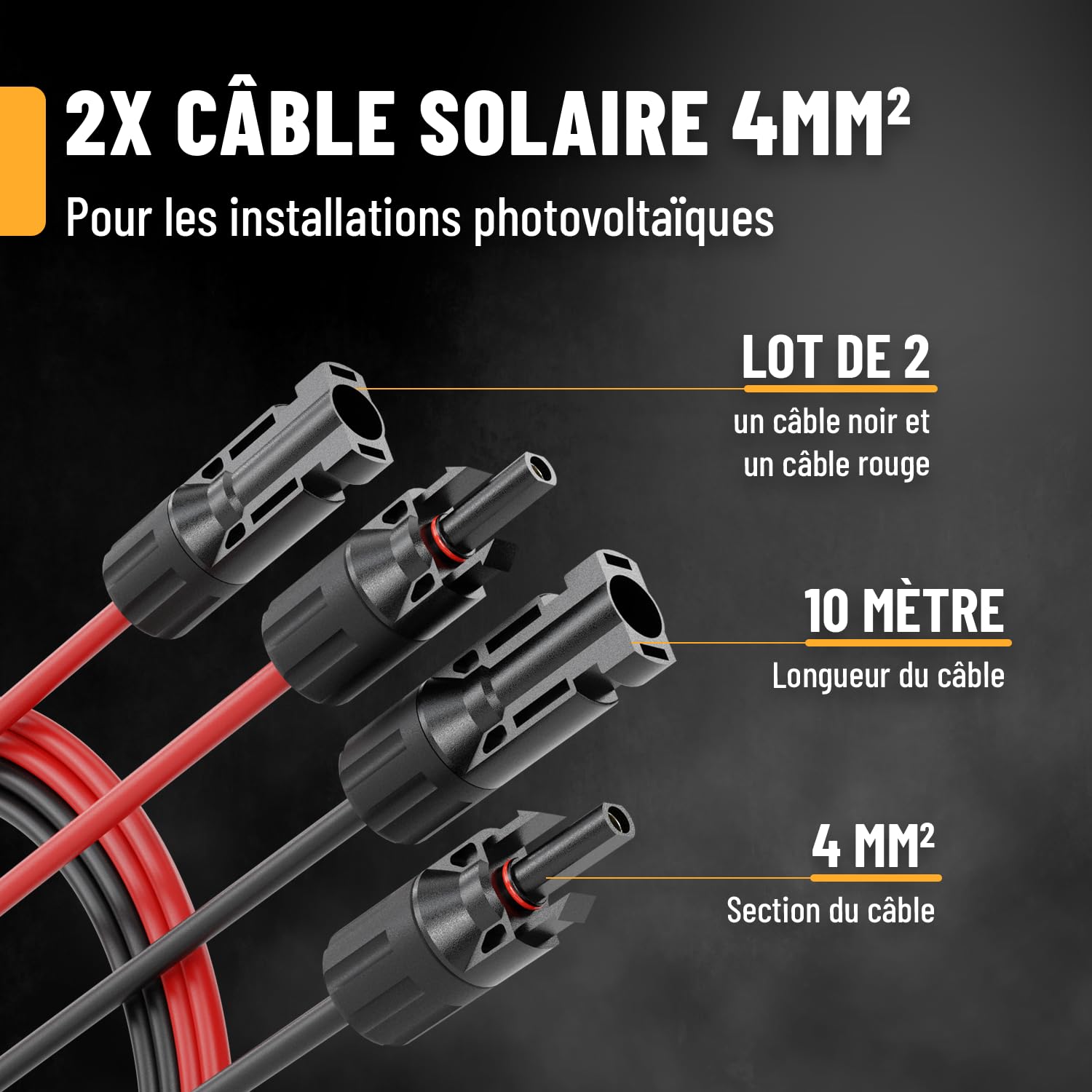 ABSINA 10 Mètre Cable Solaire 4mm2 H1Z2Z2-K Noir & Rouge | Lot de 2 - résistant aux UV