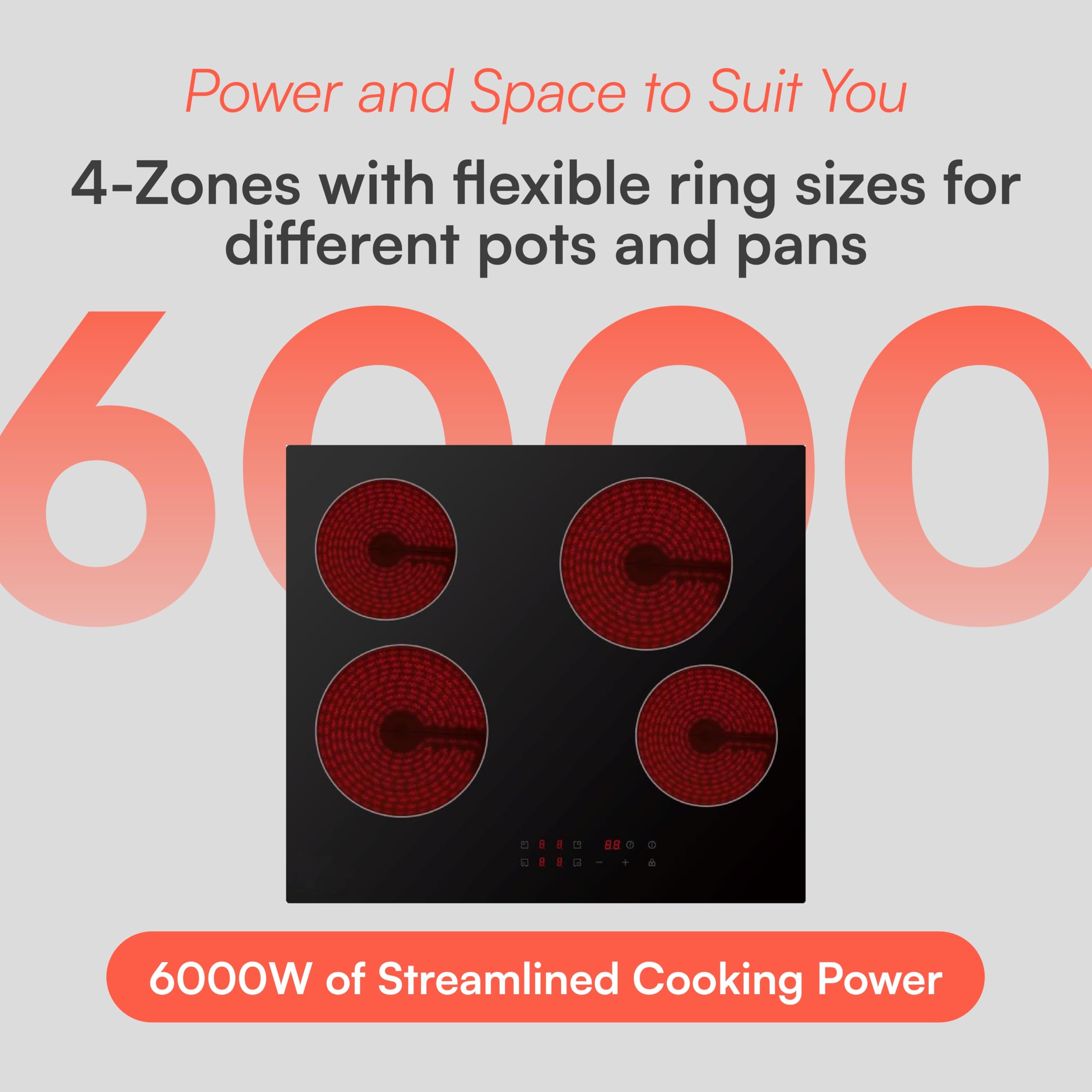 Cookology CET601 60cm Ceramic Hob - 4 Zone 6000W Electric Hob - Touch Control Panel - 9 Power Levels - Residual Heat Indicators & Child Lock — view 5