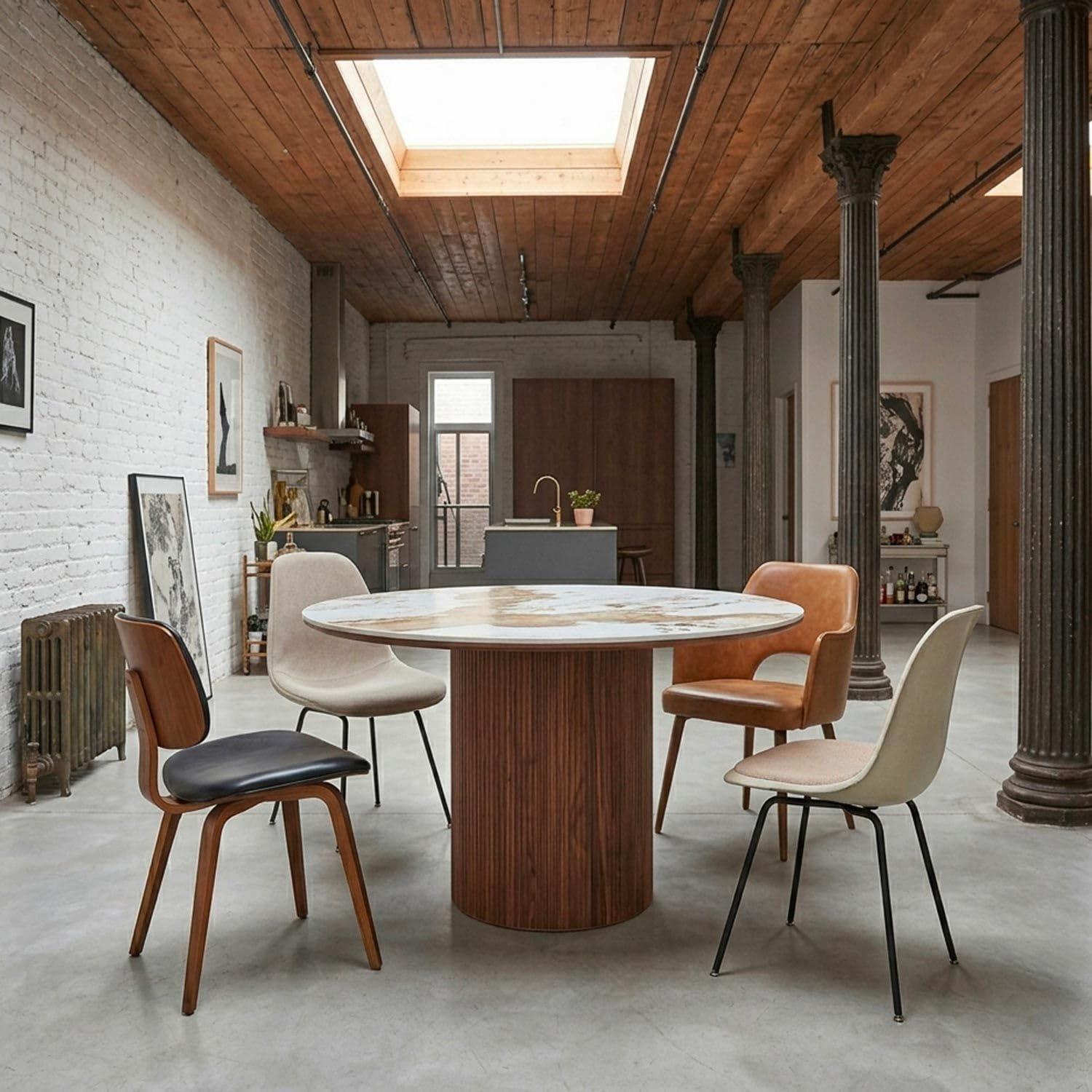 Menzzo Table à Manger Ronde ÉGLANTINE 120 cm en Céramique Effet Marbre Blanc avec Pied Colonne Strié – Design Contemporain pour 4 à 6 Personnes