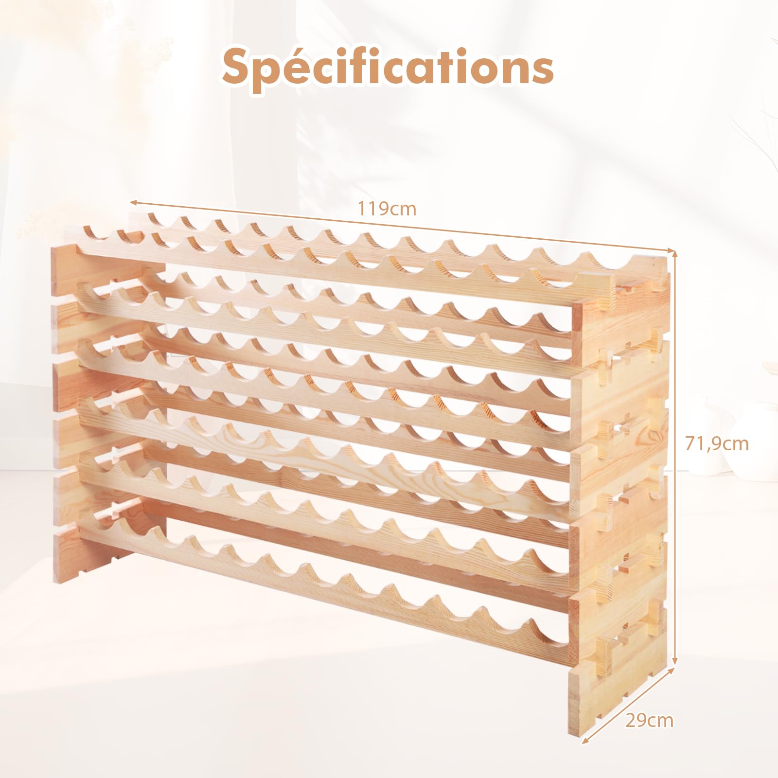 GOPLUS Range Bouteille pour 72 Bouteilles, 119x29x71,5CM, Casier à Bouteilles en Bois de Pin Massif avec 6 Étagères Modulable, Extensible, Montage Simple, Porte Bouteille pour Bars, Cave, Cuisine