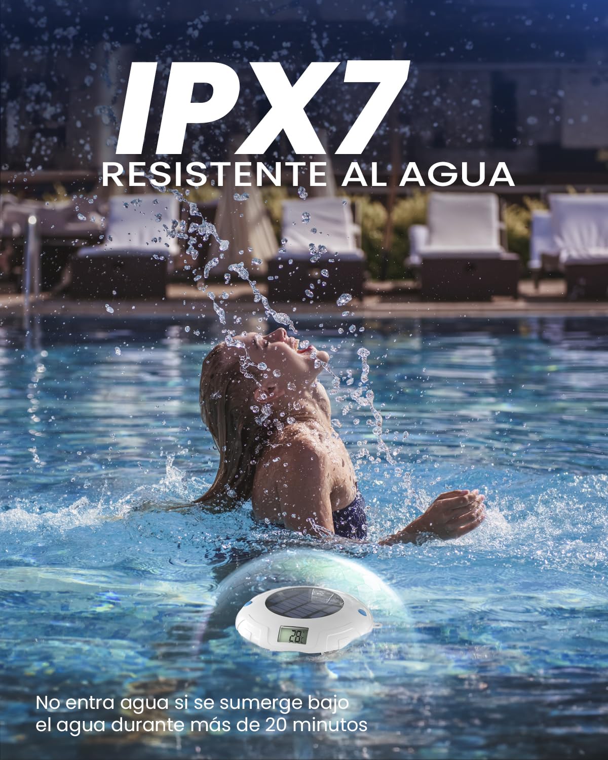 Luz solar para piscina con doble pantalla LCD, termómetro flotante para piscina de fácil lectura, 8 efectos de iluminación dinámicos, termómetro digital impermeable IPX7