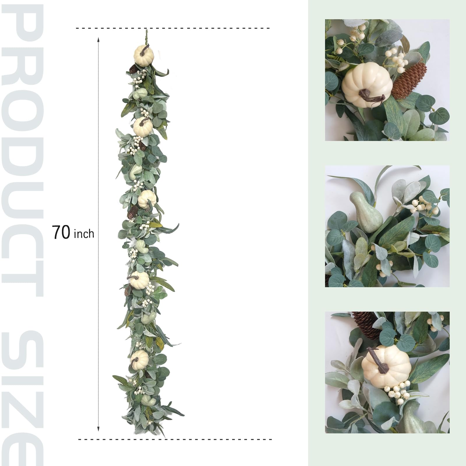 178,8 cm große Herbstgirlande mit weißen Kürbis, grüne Blätter, Girlande mit Beeren, Tannenzapfen, Kürbis für drinnen und draußen, Herbst-Heimdekoration