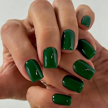 Fall Press on Nails Short Square, 30 Pcs 15 Sizes Emerald Green Short Fake Nails Press ons, Glossy Pure Color Full Cover Acrylic Glue on Nails with Nail Glue for Women at Home Manicure