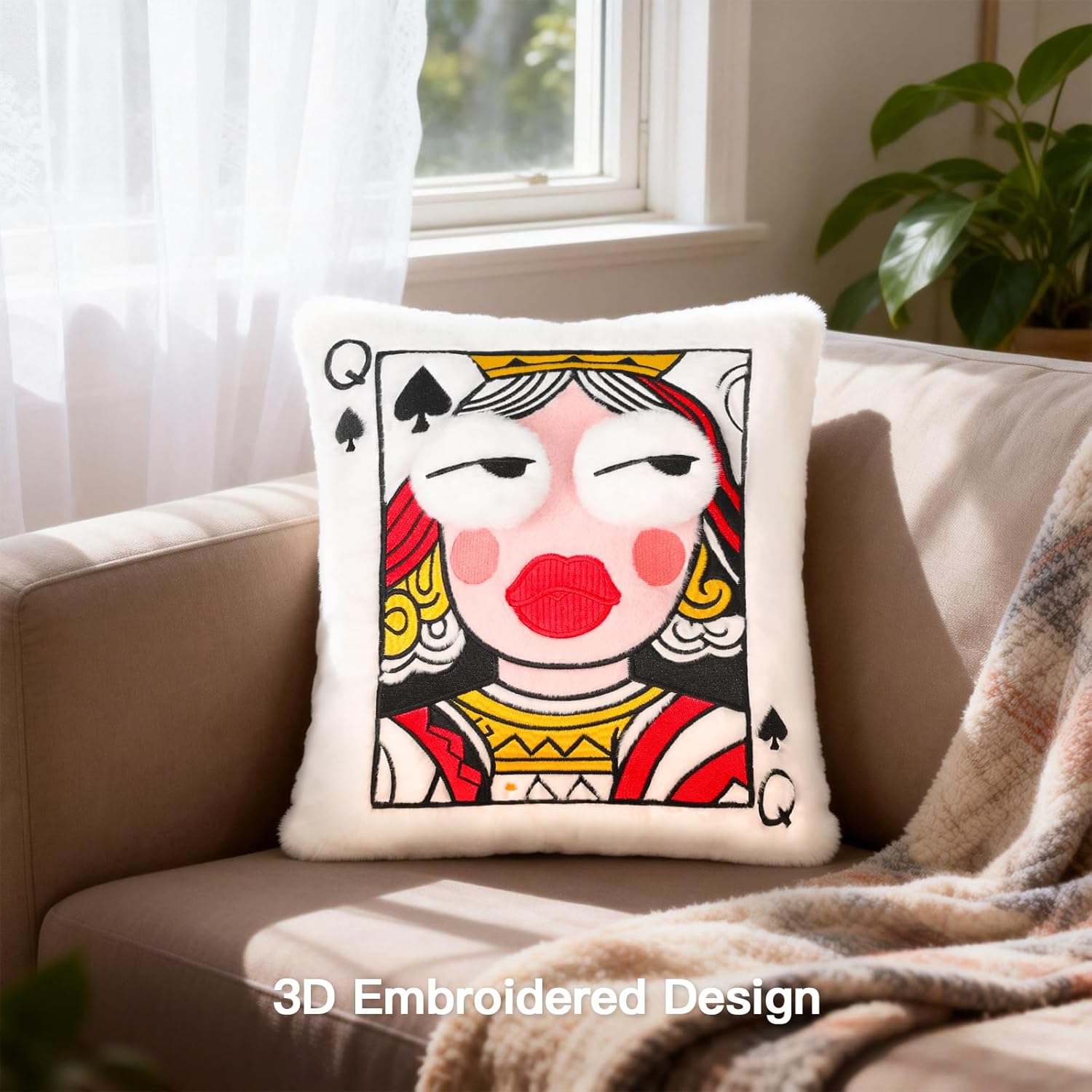 LANPU 3D Embroidered Poker Card Throw Pillow, Soft Plush Playing Card Cushion, Queen of Spades Decorative Pillow for Sofa Couch Bed, Cute Fluffy Eyes Design, 13.8x10.7 Inch Home Decor & Gift - Image 5