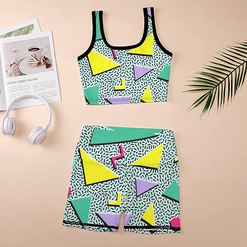 Miniatura 4 de ISMV Traje de entrenamiento de 2 piezas para mujer, estilo retro de los años 80 y 90, pantalones cortos de cintura alta neón para correr, sin