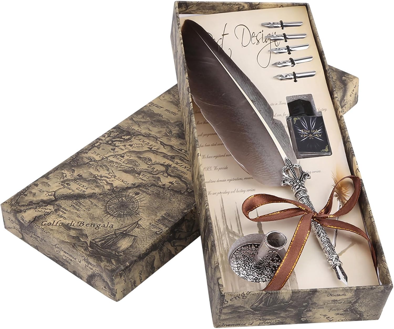 Walfront Quill Ink Set Quill Pen Ink Set Vintage Antique Calligraphy Dip Pen Writing Quill Pen Best with 5 Replacement Nib Executive Gift(Black)