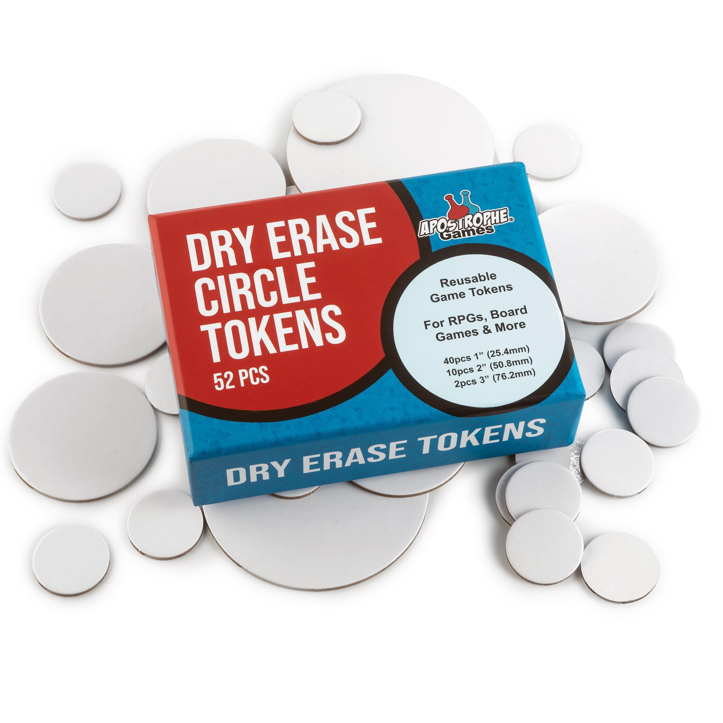 APOSTROPHE Games Dry Erase Tokens - 52 Reusable Board Game Pieces (2.54 cm, 5.08 cm & 7.62 cm), DIY, RPG – Create Your Own Custom Tiles