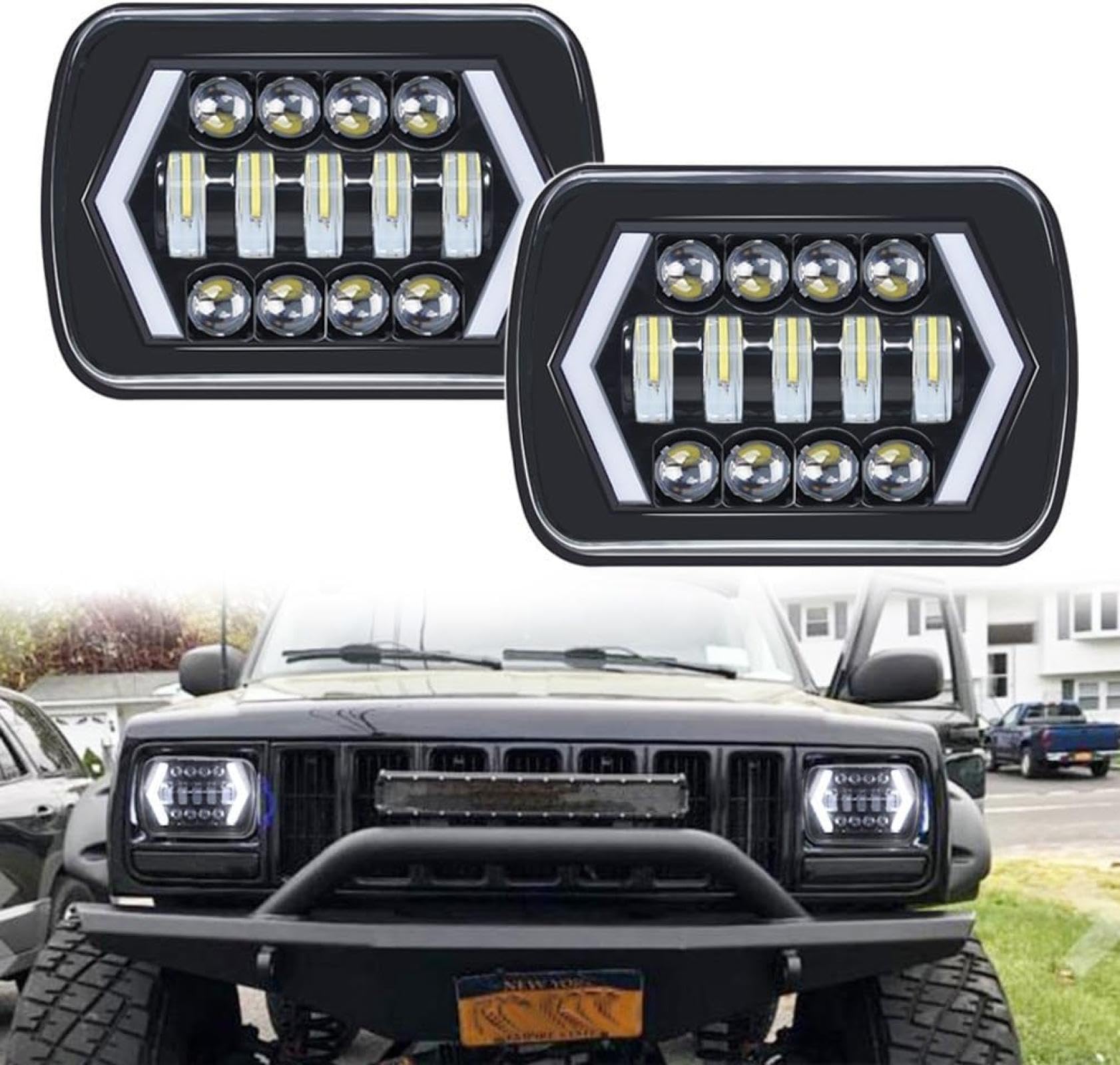 reflektor motocyklowy 90W 7X6 5X7 LED Reflektor Do Wrangler YJ Do Cherokee XJ Ciężarówki Samochód Motocykl H4 Kwadratowe Reflektory Strzałki DRL