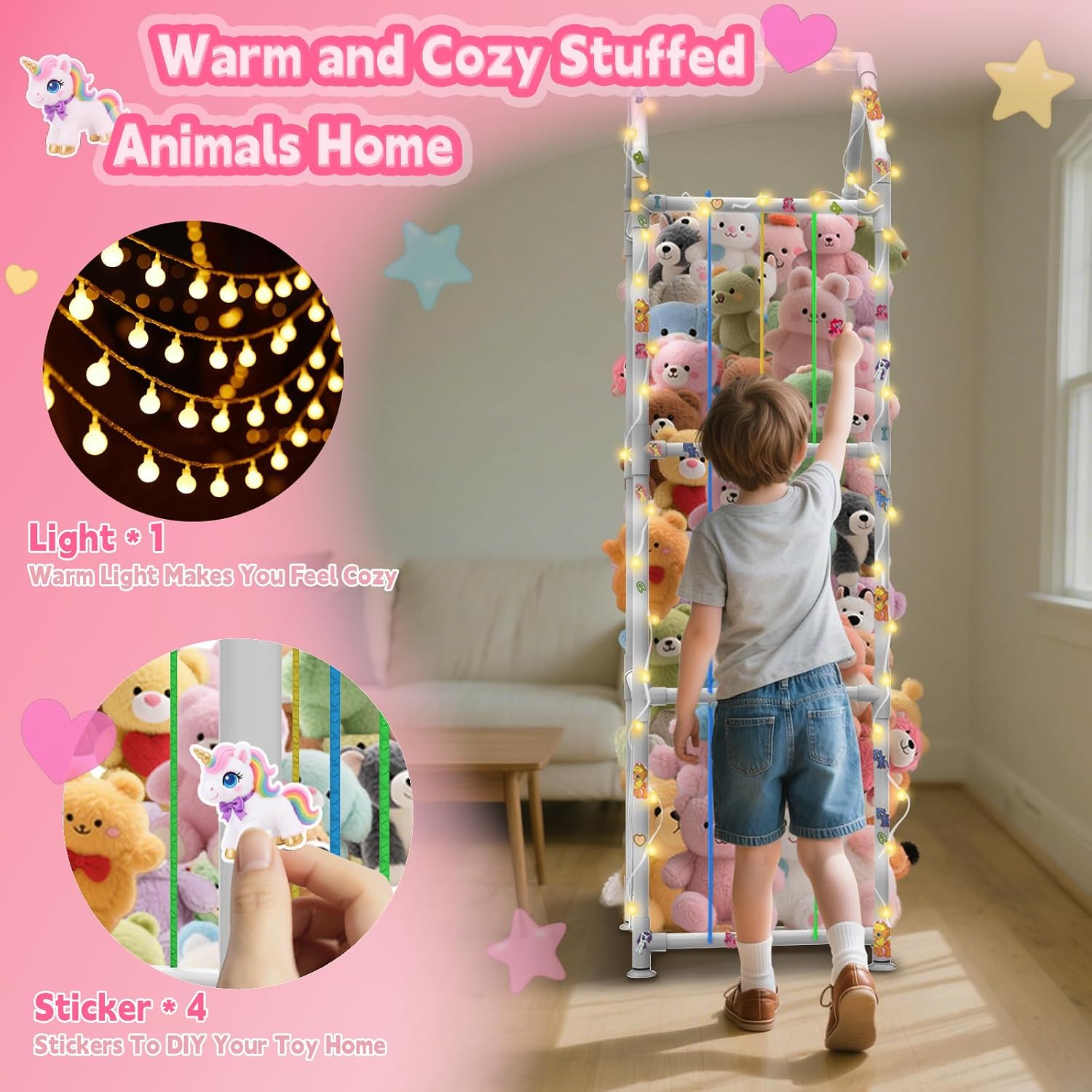 Stuffed Animal Storage with Suction Cups, Upgraded ABS Stuffed Animal Holder, Toy Storage Organizer with Elastic Bands, Plush Toy Organizer for Nursery, Playroom, Kids Bedroom, Colored Rope