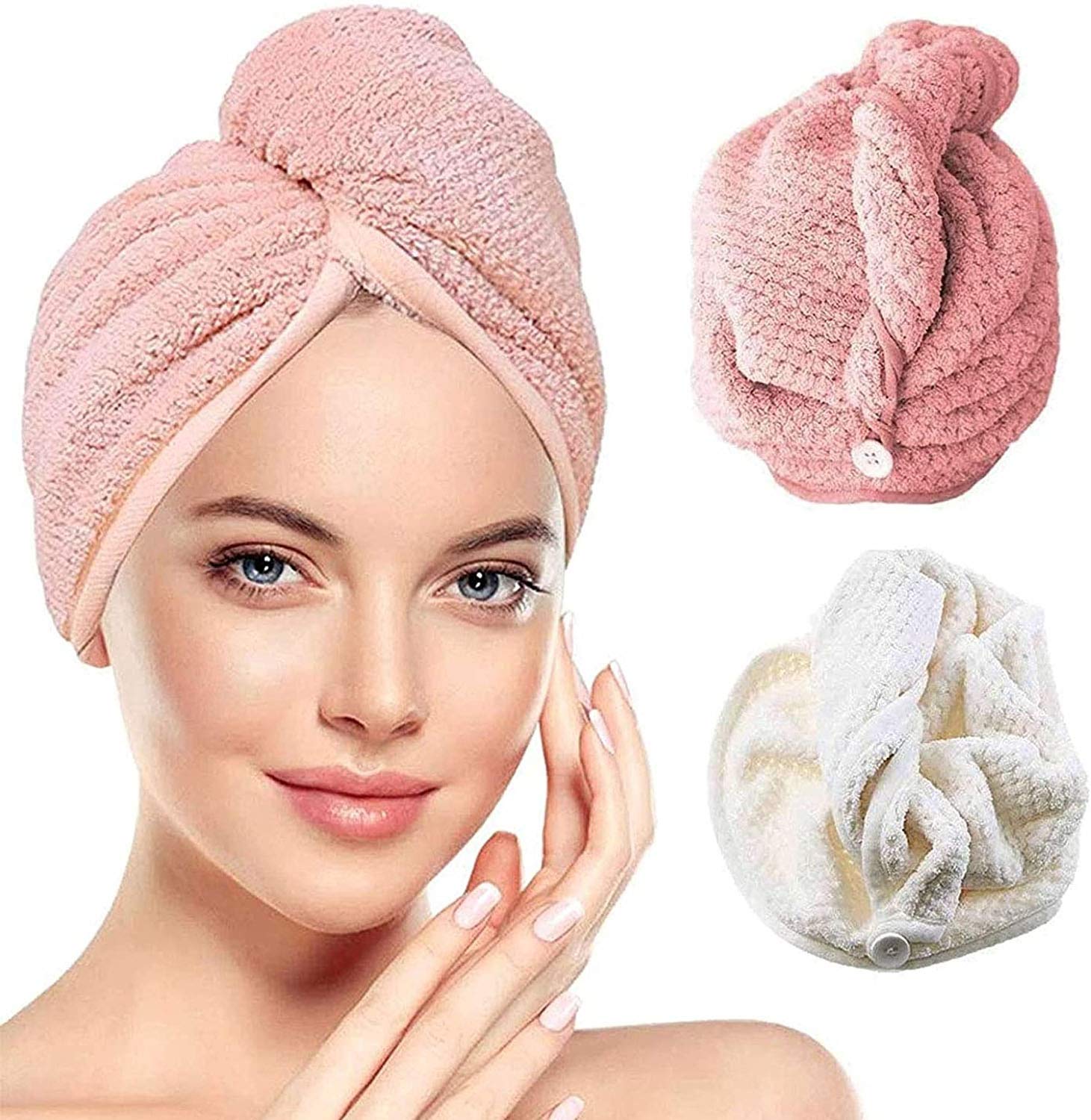 Newthinking Microfibre Hair Towel, Super Absorbent Hair Towel Turban, Fast Dry Hair Turban Wrap Towel with Button Design for Women Long Hair (2 Pack)