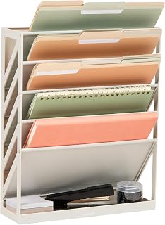 Mind Reader 5-Tier Vertical File Storage, Desktop Organizer, Wall Mount, Office, Plastic, 13"L x 4.25"W x 16"H, Beige