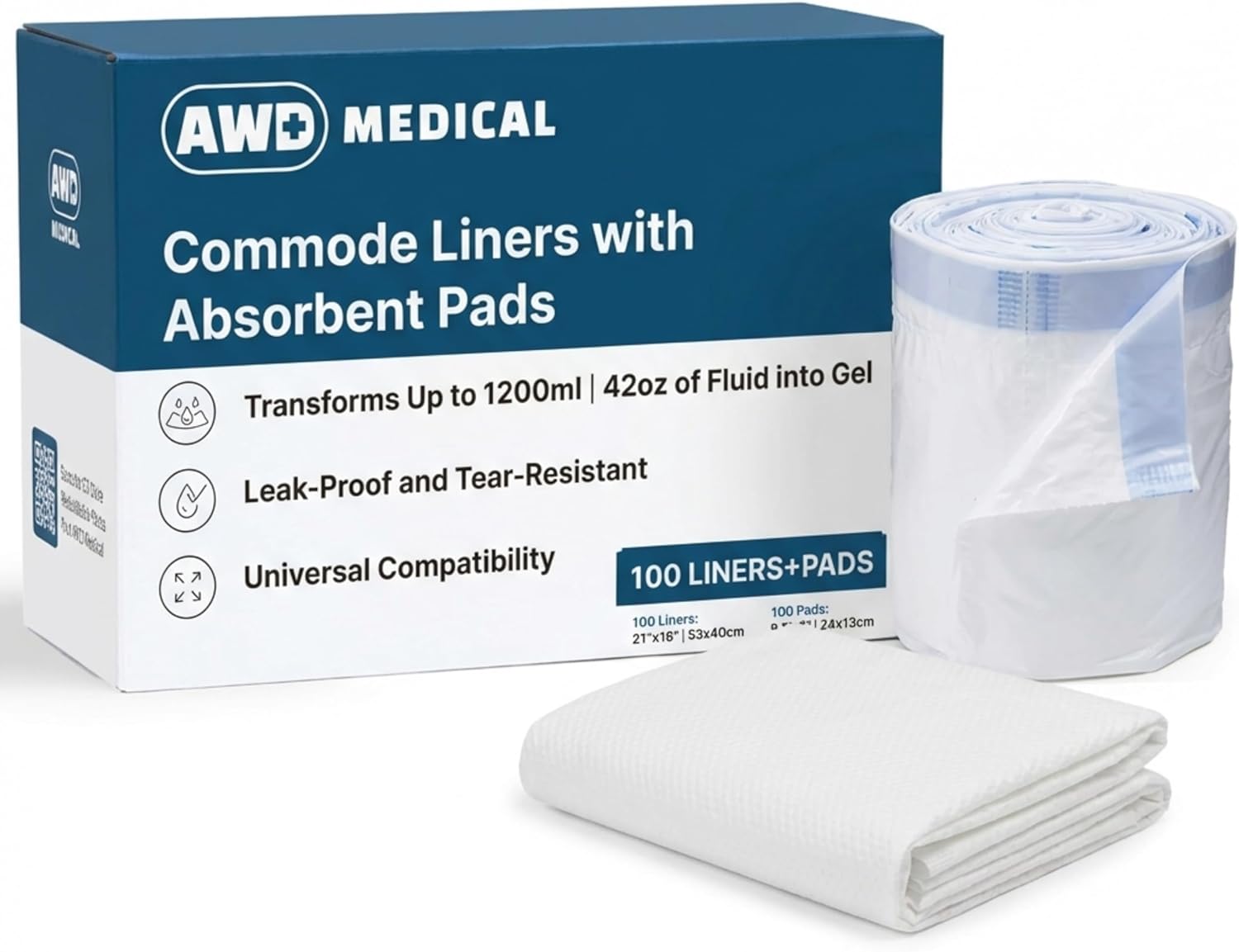 100 PACK - Commode Liners with Absorbent Pads - Adults Commode Bag Compatible with Most Toilets - Portable Commode Liners with Gel Pads - Disposable Bedside Toilet Liner Bags for Adult Potty Chair