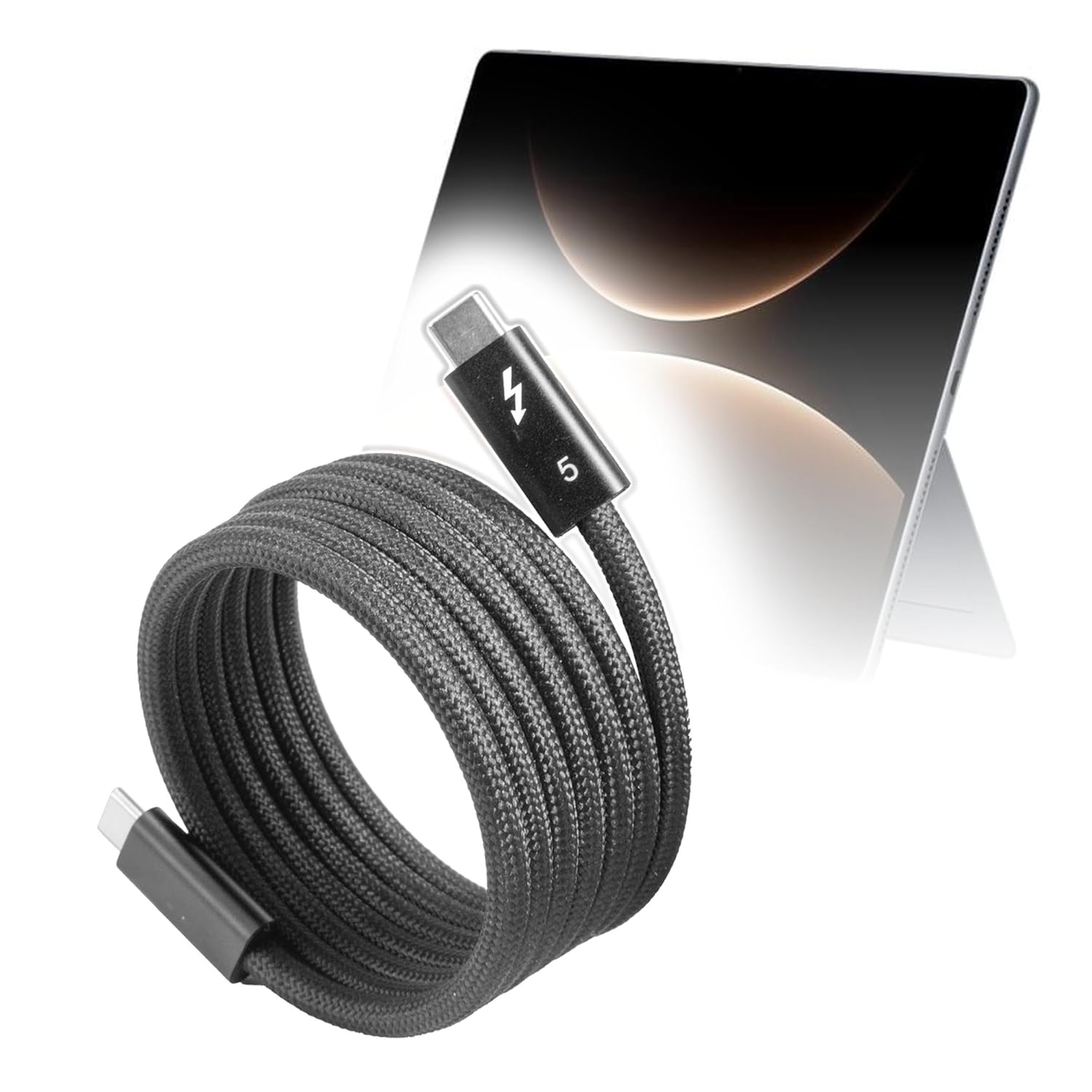 BoxWave Cable Compatible with Hiawei Huawei MatePad Edge - SnapWrap Thunderbolt 5.0 Cable (5ft 240W), Magnetic Self-Coiling Nylon Braided Retractable - Jet Black