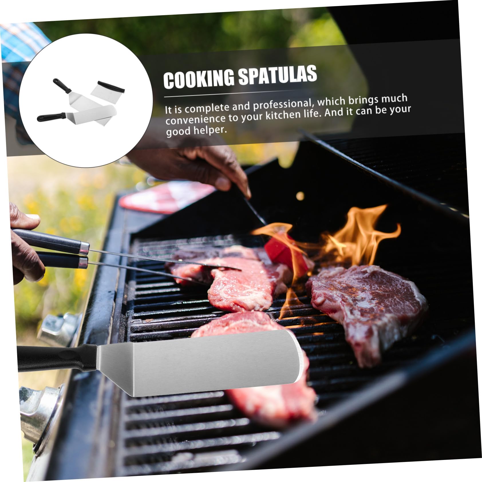 Set 3 Pezzi Spatole Argento in Acciaio Inossidabile e Pp per Cucina Funzione di Girare e Mescolare per Barbecue e Padelle
