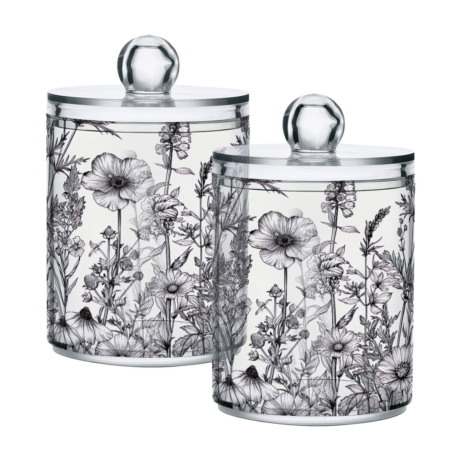 FLildon Black and White Flowers Qtip Holder Dispenser, Bathroom Organizer and Storage Containers, 2Pack Clear Plastic Apothecary Jars with Lids for Cotton Ball, Cotton Swab, Floss