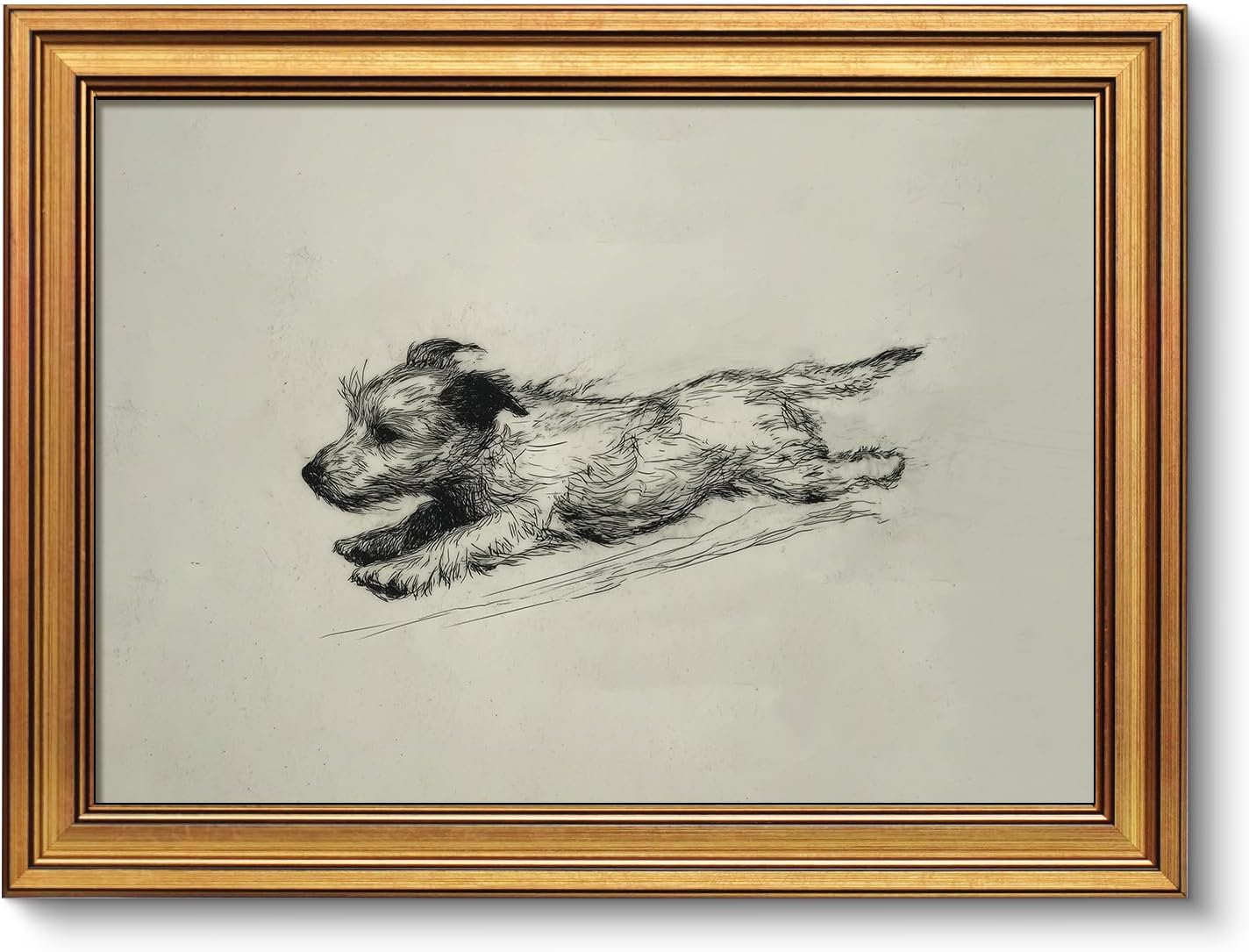 VIYYIEA Gold Framed Canvas Wall Art, Sketch Running Puppy Canvas Prints Home Decor, Sketch Painting Picture, Living Room, Bedroom Decor Gifts for Friends or Family, 12x16inch