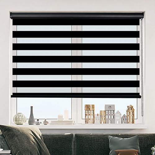 Kokorona Zebra - Persianas enrollables para ventanas, de doble capa con cenefa, color negro, 34 pulgadas de ancho x 72 pulgadas de alto